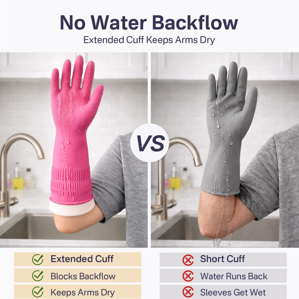 Rubber Cleaning Gloves, Dishwashing Kitchen Glove Tools for Dish Washing Household Essentials, Waterproof Non-Slip Long Cuff House Supplies Guantes Para Lavar Platos Women, Red+Pink, Medium, 2 Pairs