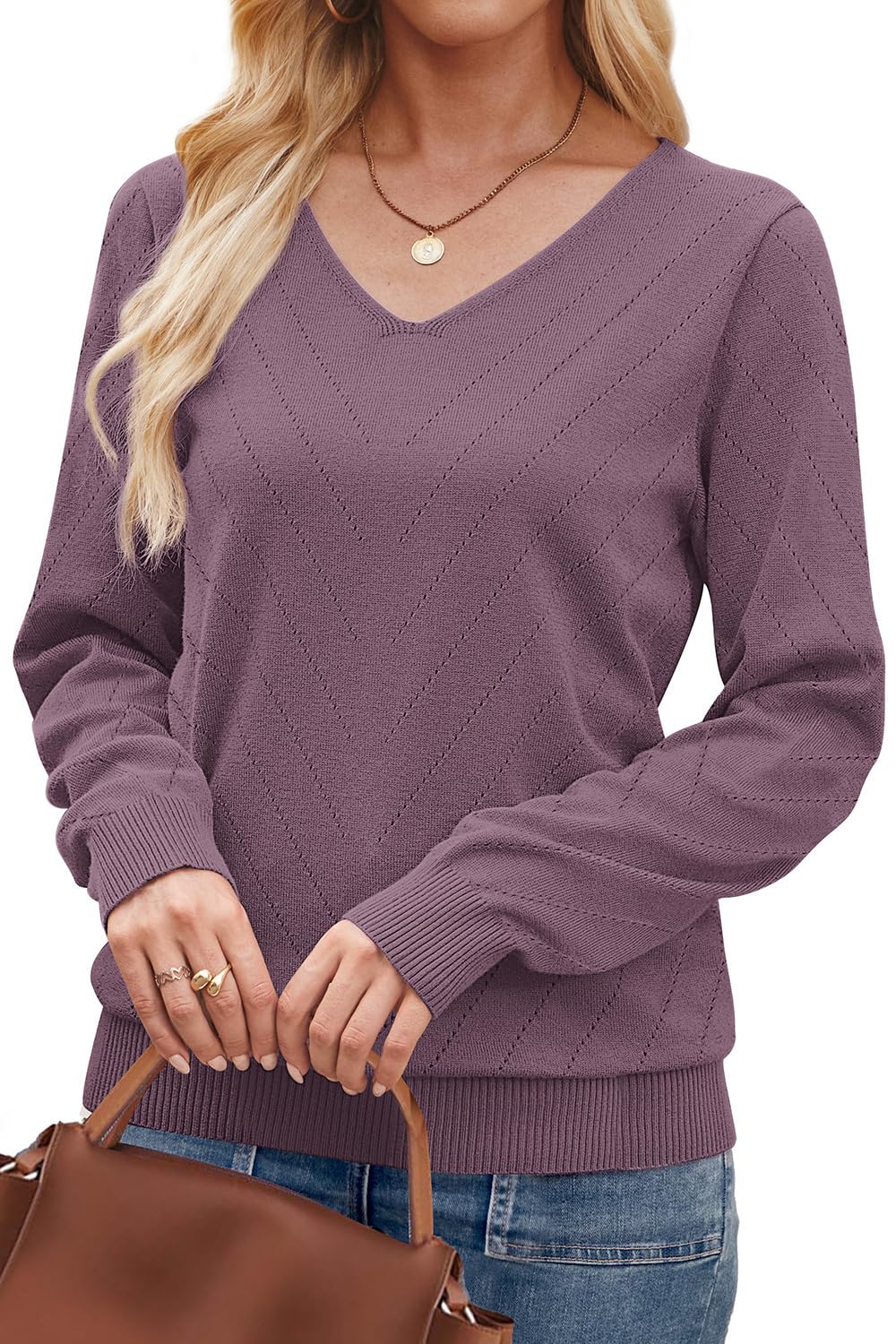 WIHOLL Womens Sweaters Dressy Casual Lightweight Long Sleeve Trendy Fall Tops V Neck Business Casual Outfits Travel Vacation Clothes Soft Cozy Warm Knit Spring Outfits Pullovers Grey Purple M