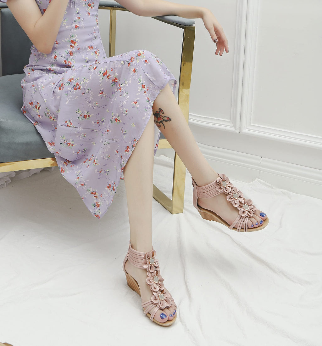 FRALOSHA Wedge Sandals for Women Open Toe Casual Summer Flower Roman High Heel Breathable Beach Sandals Pink 8.5