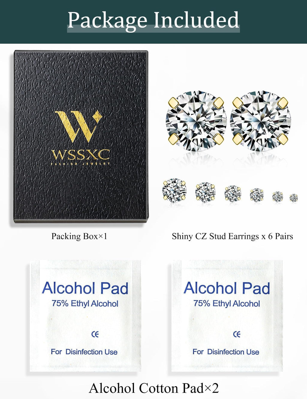 6 Pairs Stud Earrings Hypoallergenic Cubic Zirconia 316L Earrings Stainless Steel CZ Earrings Set 3-8mm (Gold)