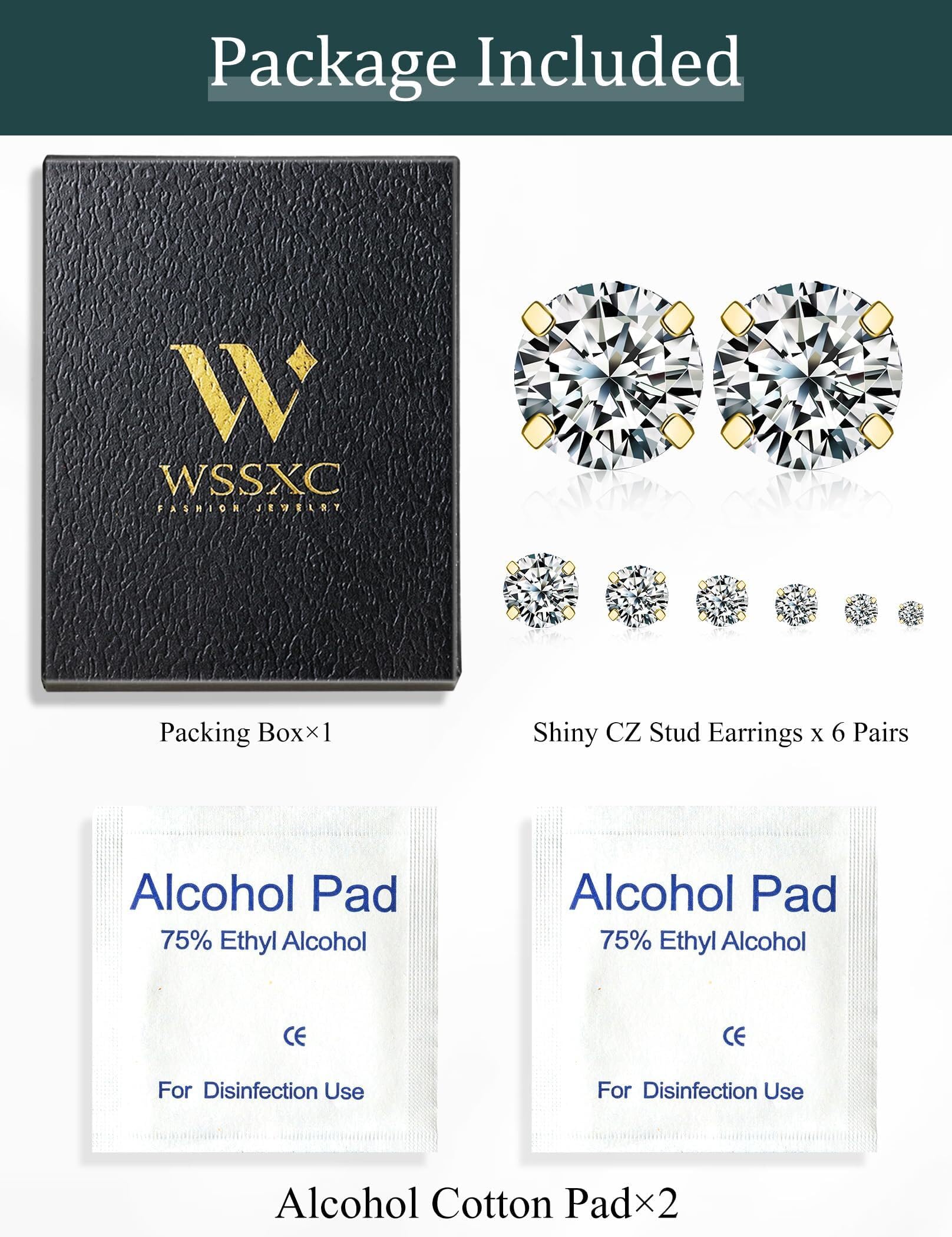 6 Pairs Stud Earrings Hypoallergenic Cubic Zirconia 316L Earrings Stainless Steel CZ Earrings Set 3-8mm (Gold)