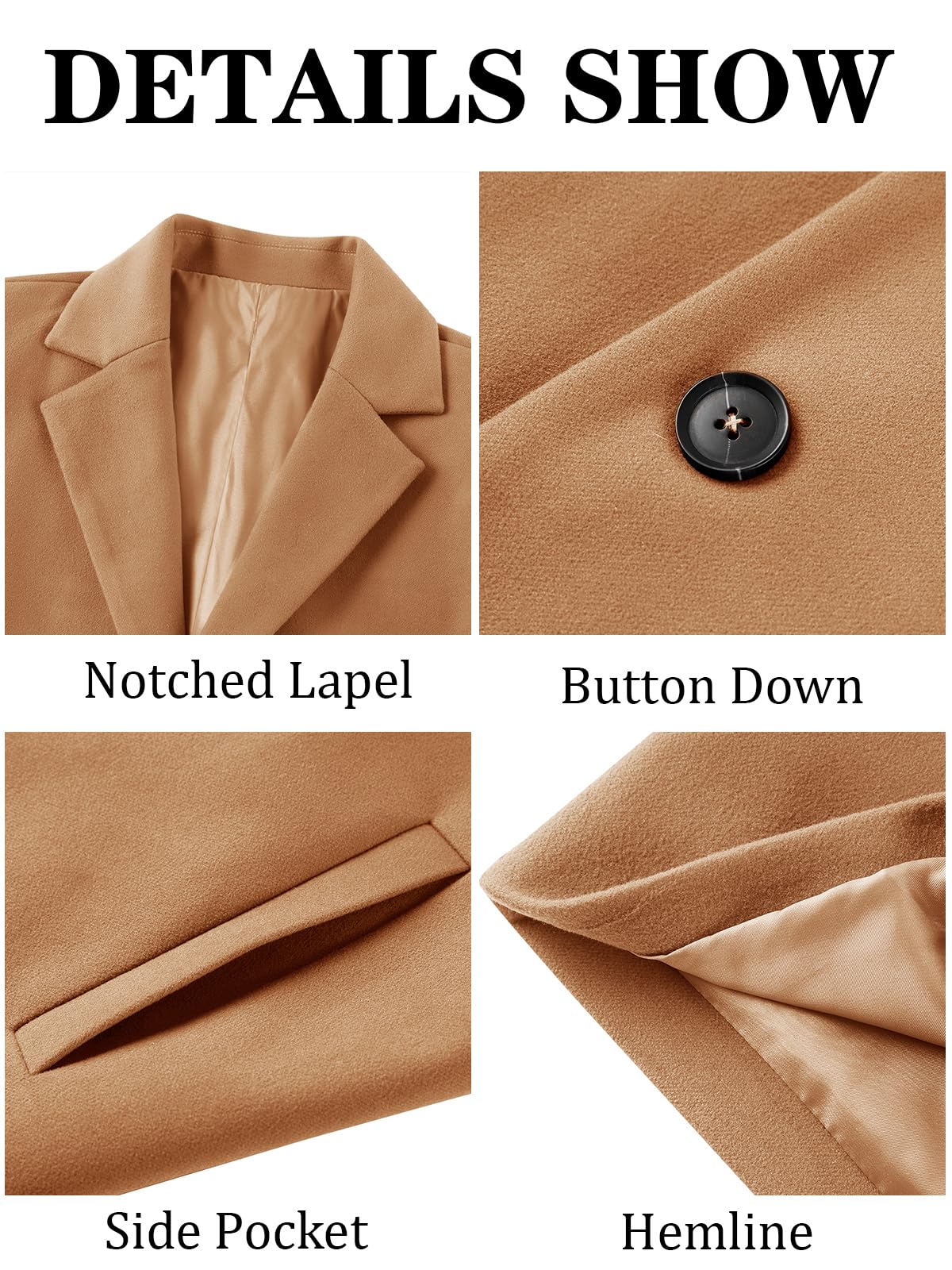 PASLTER Mens Cotton Business Trench Topcoats Winter Heavyweight Warm Single Breasted Coats Khaki