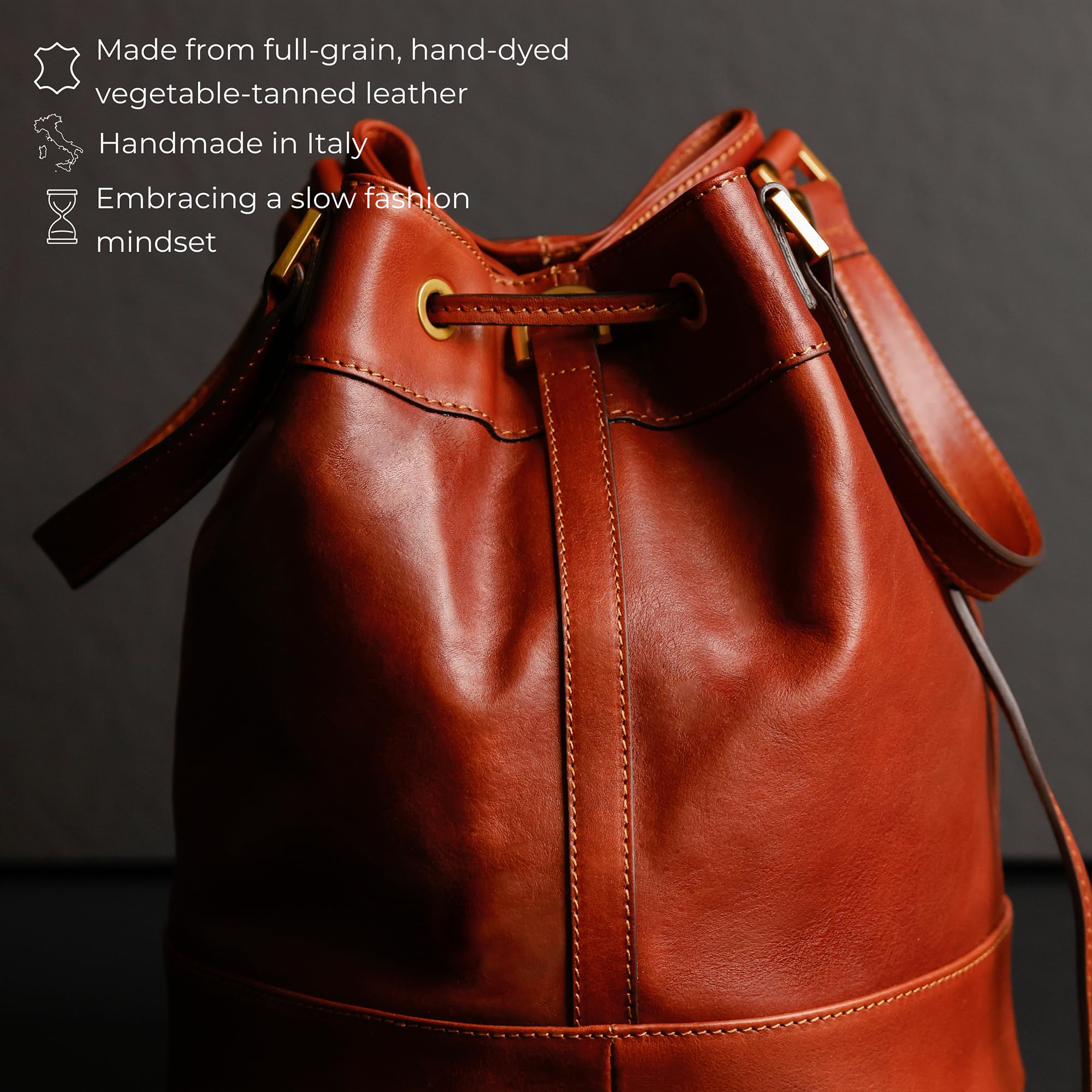 Time Resistance Leather Bucket Bag - Full Grain Leather Tote Bag for Women (Cognac Brown)