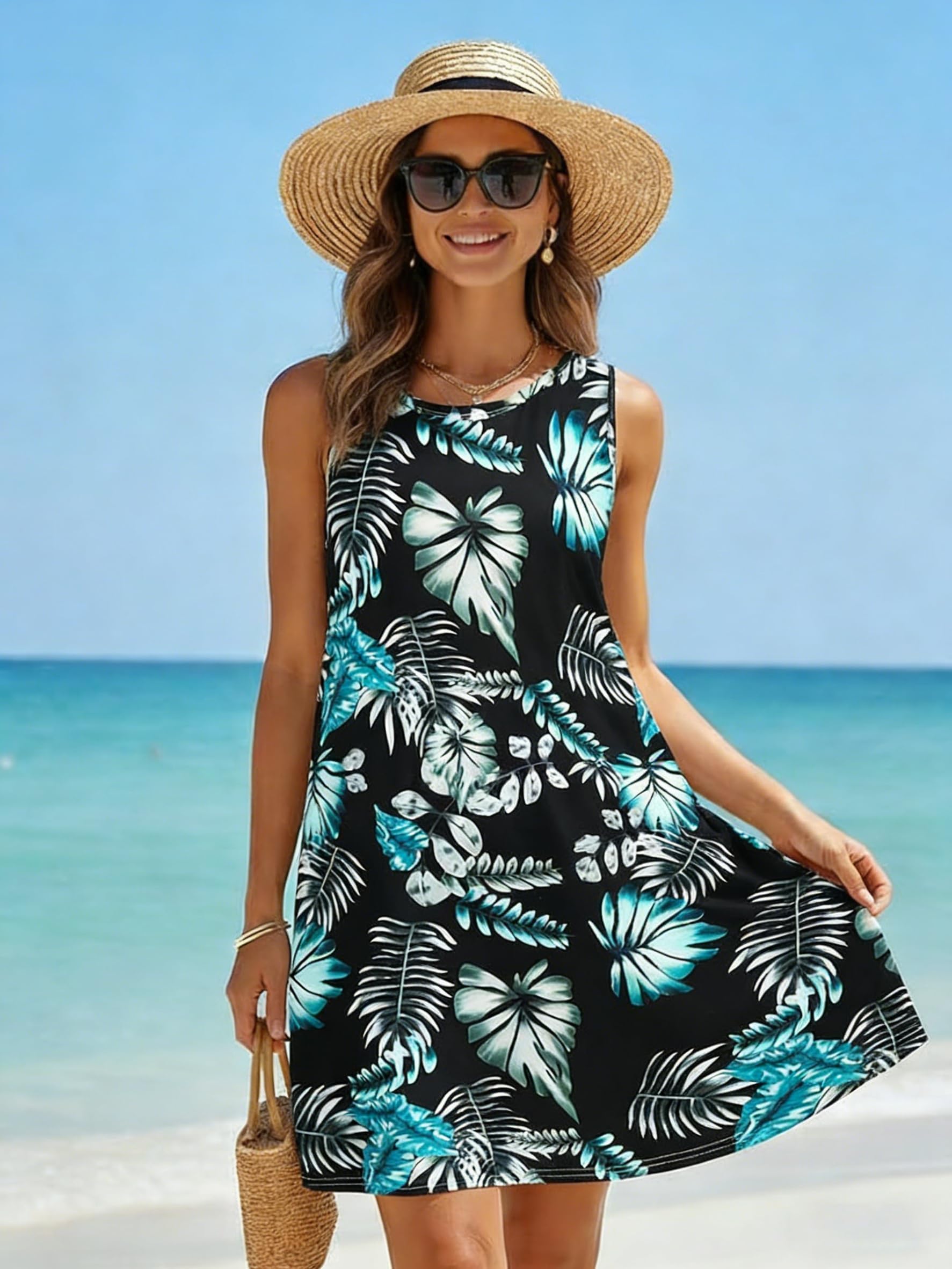 Black and Blue Dresses for Women Summer Beach Sleeveless Sundress Pockets Swing Casual Loose Tshirt Dress(Floral, L)