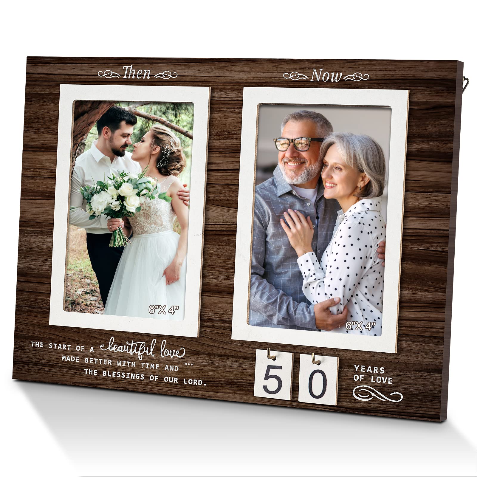 Then & Now Anniversary Picture Frame, 1-99 Years Wedding Gift Ideas - Anniversary Wood Photo Frame, Engagement Bridal Shower Gifts with Sentimental Quote - Holds 2 4x6 Inches Photos (Then & Now)