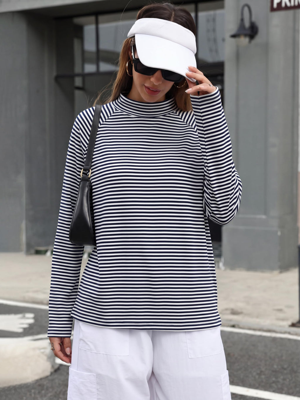 ANRABESS Women Mock Neck Long Sleeve Shirts Striped Top Navy Blue White L