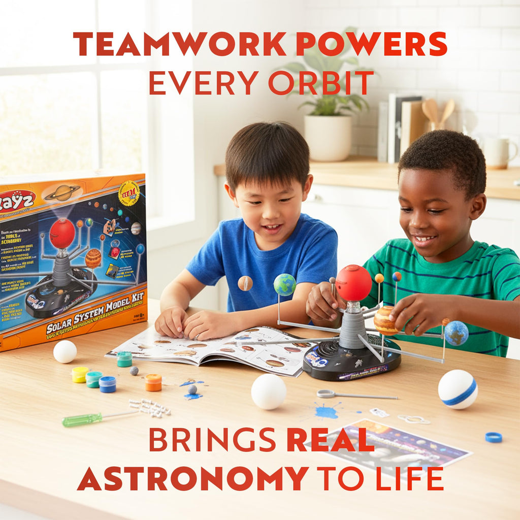 Playz Premium Solar System Model Kit for Kids - 4 Speed Motor, HD Planetarium Projector, 8 Painted Planets & 8 White Foam Balls with Paint and Brush for a Hands-On STEM DIY Project for Space Toys