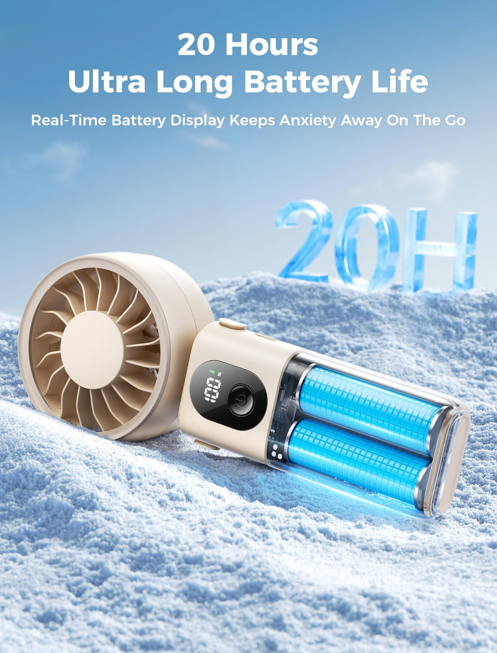 Aecooly Mighty Portable Handheld Fan | 20H Max Cooling Time | 3 Flexible Modes | 5 Speeds Wind | Battery Level Display | USB Rechargeable Mini Personal Battery Powered, Gifts for Women, Travel -Beige
