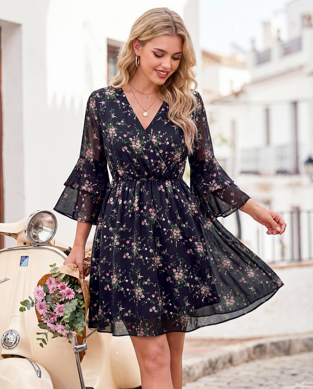 Bebonnie Cocktail Dresses for Women Wedding Guest: Womens 3/4 Sleeve Wrap V Neck Elastic Waist Floral Summer Tea Party Baby Shower Guest Dress Formal Chiffon Flowy Maxi Short Dresses Multi Black XXL