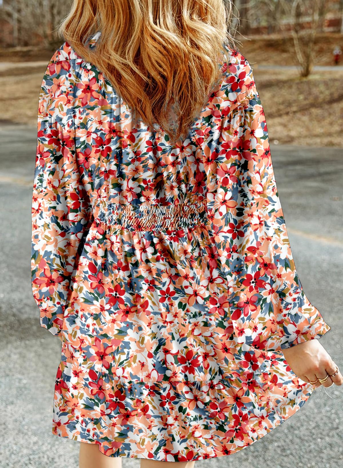 Dokotoo Fall Dresses for Women 2025 Casual Boho Floral V Neck Long Sleeve Smocked Waist A-Line Cute Swing Dress Country Concert Outfits Beach Vacation Clothes Flowy Sundresses Multicolored Large