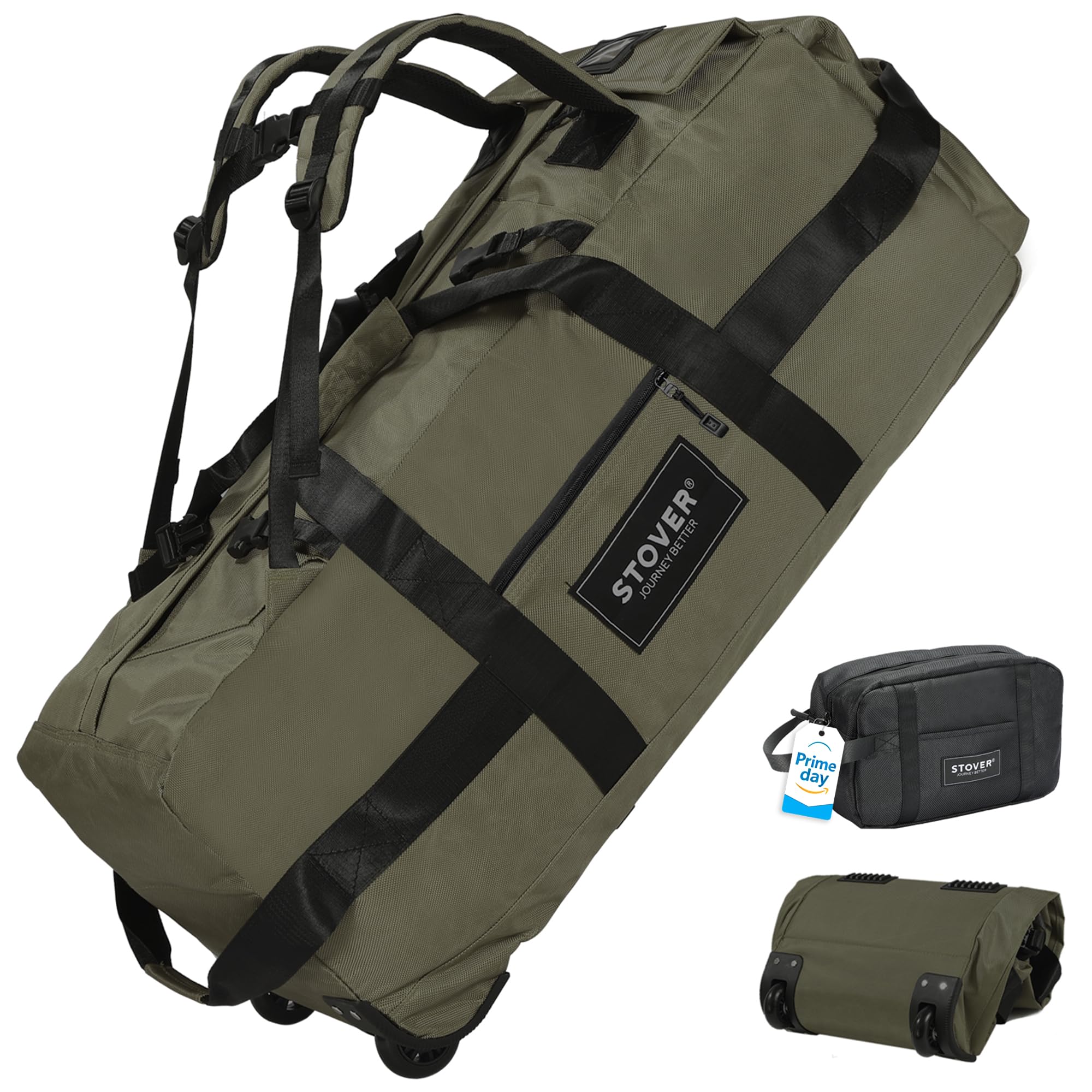 STOVER 45/80/100L Rolling Duffel Bag with Wheels, X-Large Durable Travel Duffle + Toiletry Bag, Heavy Duty, Packable with Shoulder Straps- Use as Luggage or Backpack, Men/Women (Green)