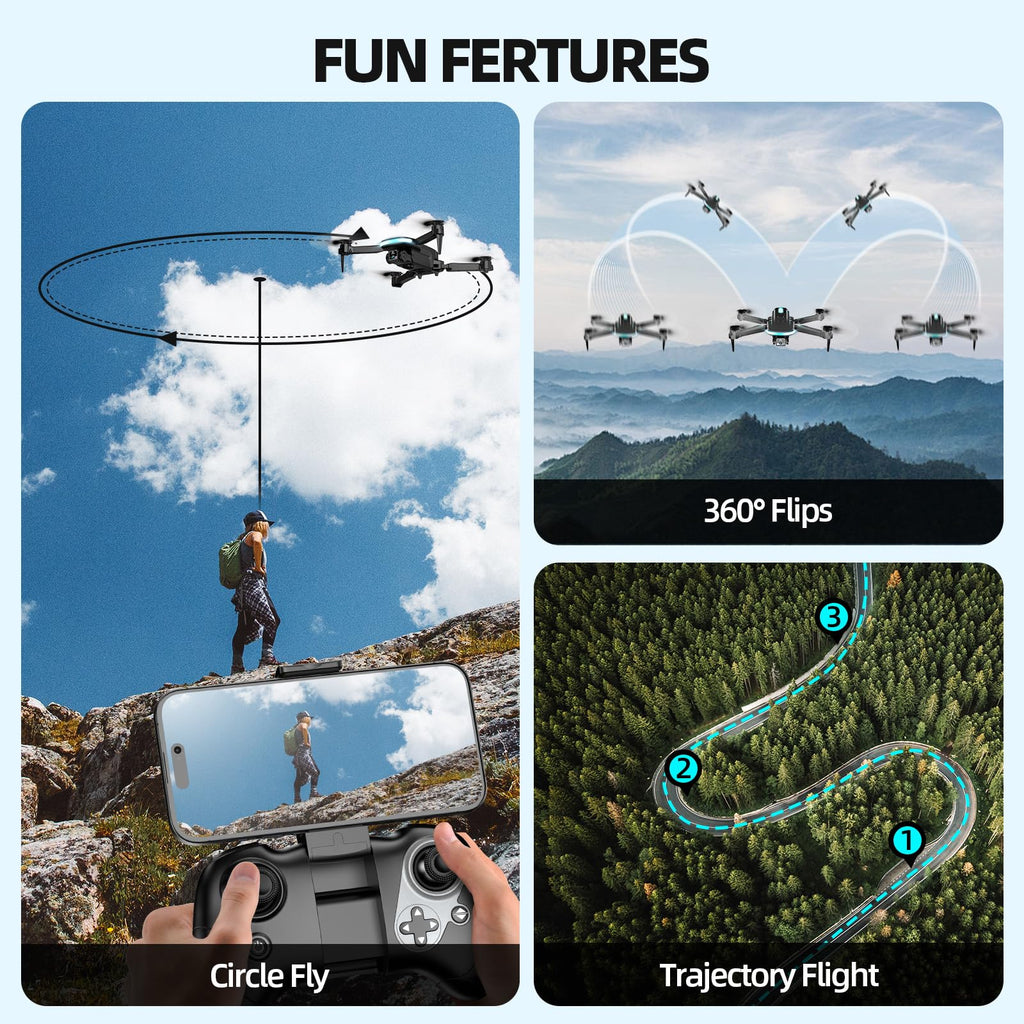 Drone with Camera 1080P HD, FPV Foldable Mini Drone for Beginners Kids Boys Girls, with 2 recharging Batteries, Carrying Case, One Key Start, Stable Hover, Trajectory Flight, Toys Gifts (Black)