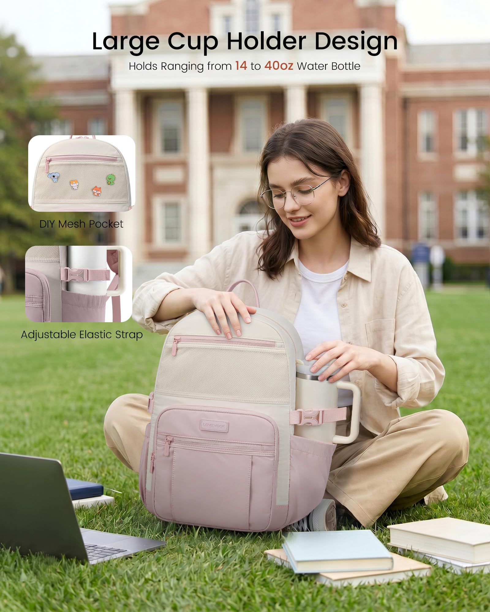 LOVEVOOK Laptop Backpack for Women with Giant Tumbler Holder - DIY Cute 15.6Inch Work Computer Travel Backpack with Laptop Compartment, Large Capacity College Commuter Teacher Purse Bag, Gift Pink