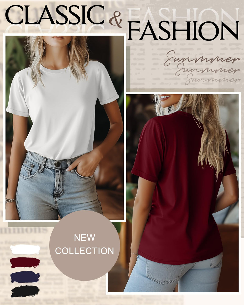 Ficerd 4 Pack Women's Cotton T Shirts Casual Short Sleeve Tunic Tops Crewneck Plain Summer Loose Fit Rolled Sleeve Basic Tee(Black, White, Navy Blue, Wine Red,XX-Large)