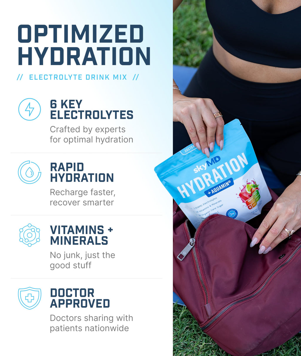 SkyMD Hydration packets with electrolytes powder- Add to water or any liquid- Hydration Multiplier Variety Pack: Lemon Lime, Passion Fruit, Strawberry, Watermelon- Great source of Vitamin C- 16 Sticks
