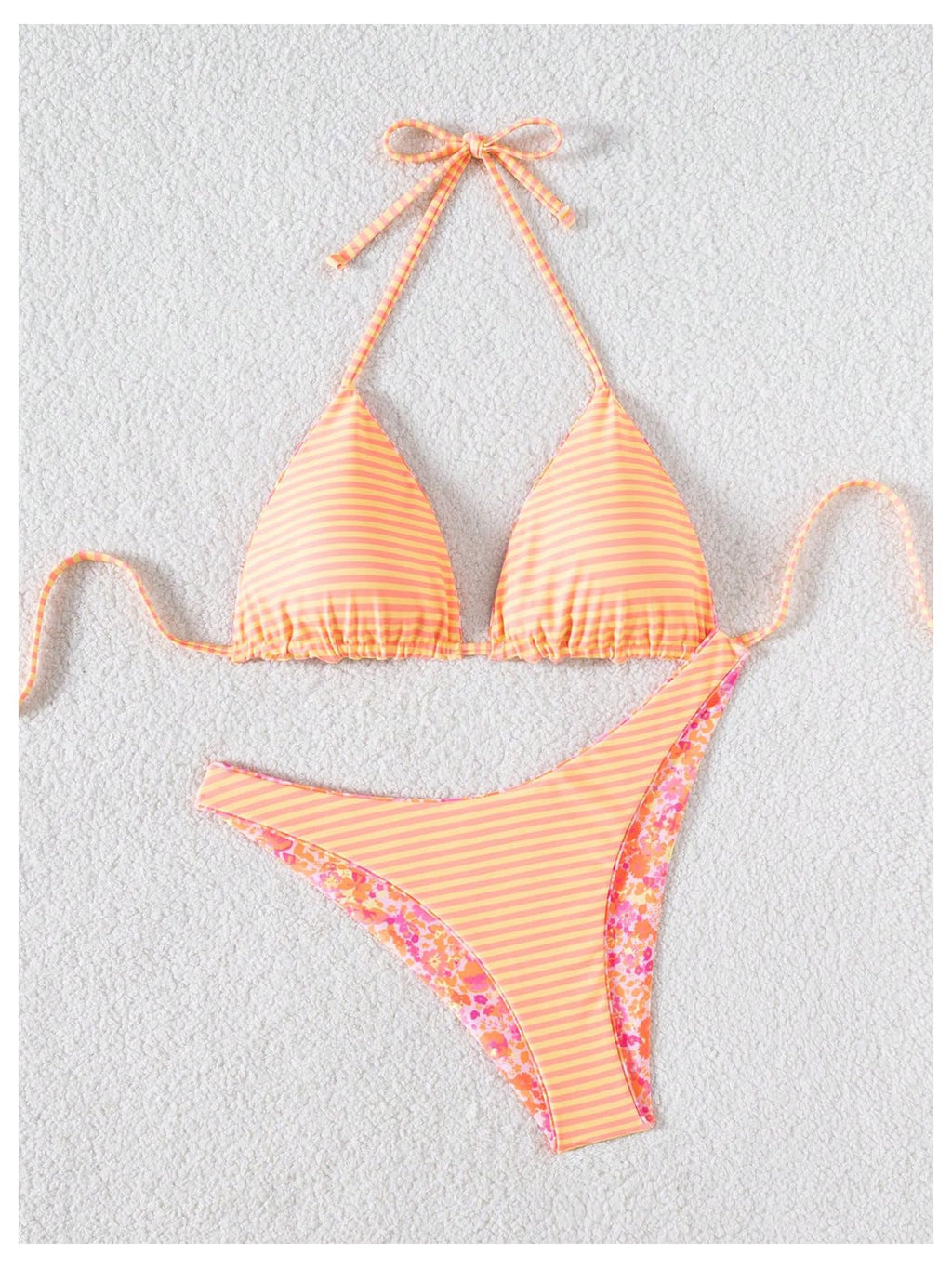 WDIRARA Women's 2 Piece Floral Striped Bikini Set Halter String Thong Swimsuit High Cut Bathing Suit Multicolor Small