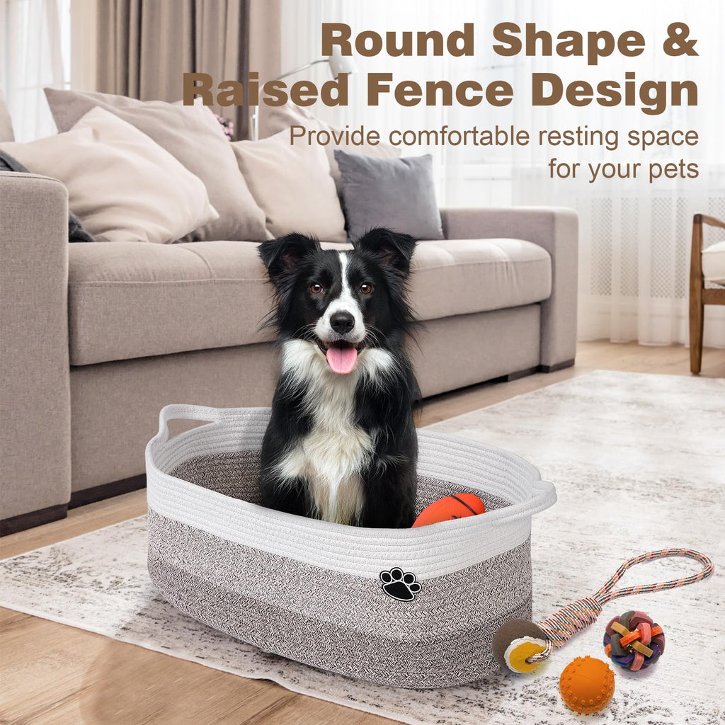 Optish Dog Toy Basket, Toy Box and Bin for Dog Cat Storage, 19.7" X 11" X 7.9" (30L) Large Woven Rope Basket for Blanket Storage, Living Room, Bedroom, White & Brown