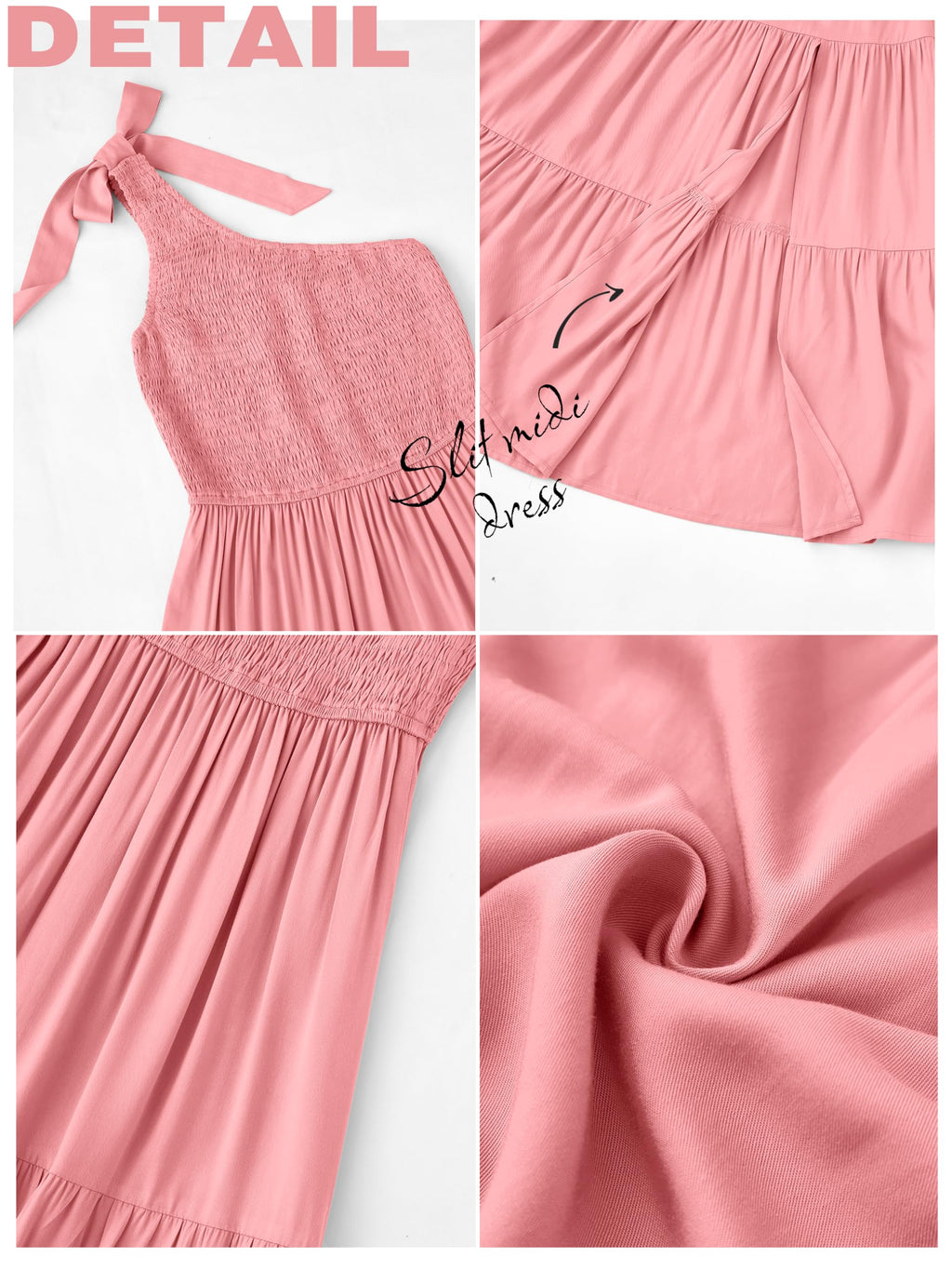 MEROKEETY Women's 2026 Summer Sleeveless Midi Dress One Shoulder Knot Smocked Split Formal Cocktail Wedding Guest Dresses, Lightpink, L