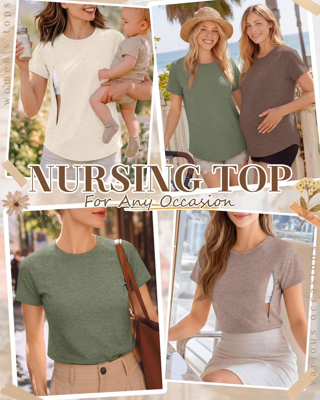 Huukeay 4 Pack Women's Nursing Breastfeeding T-Shirts, Medium, 4-Color