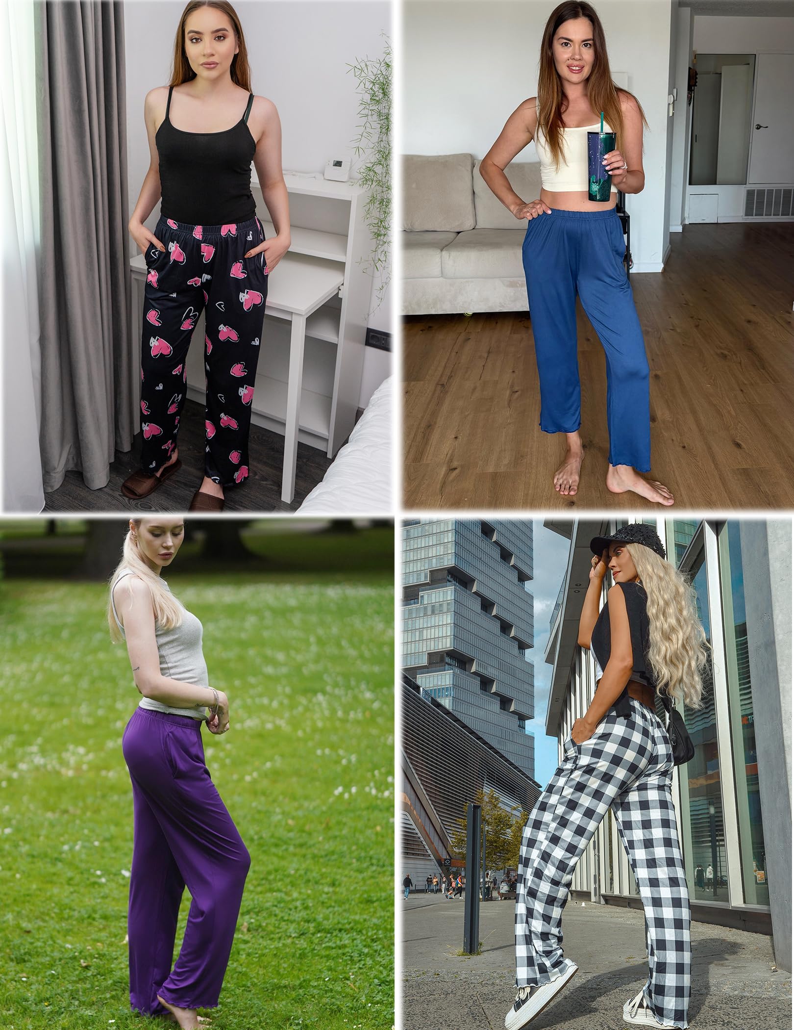 Ekouaer Pajama Pants Women Soft Casual Lounge Pajama Bottoms Comfy Stretch Sleep Pants Wide Leg Pj Bottoms with Pockets,Black,M