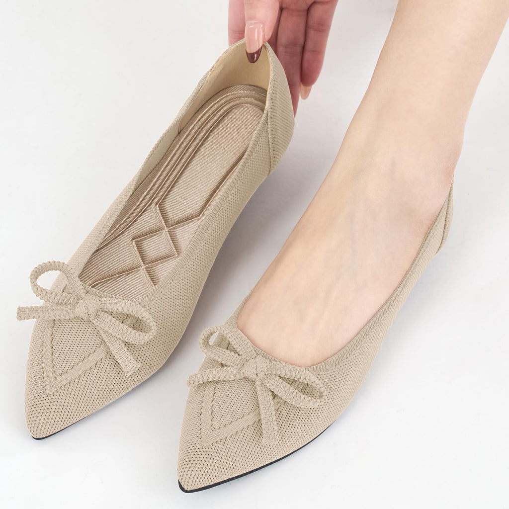 Ablanczoom Ballet Flats Shoes for Women: Dressy Pointed Toe Bow Knit Flats Comfortable Slip On Work Business Casual Shoes Beige