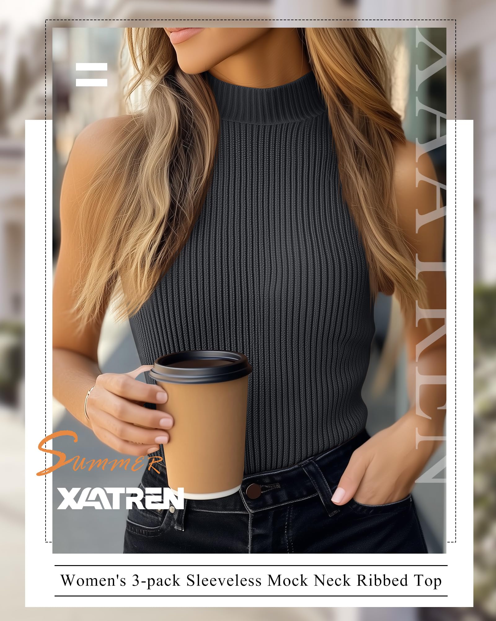 Xaatren 3 Pack Women's Sleeveless Turtleneck Shirts, 3-Color, Large