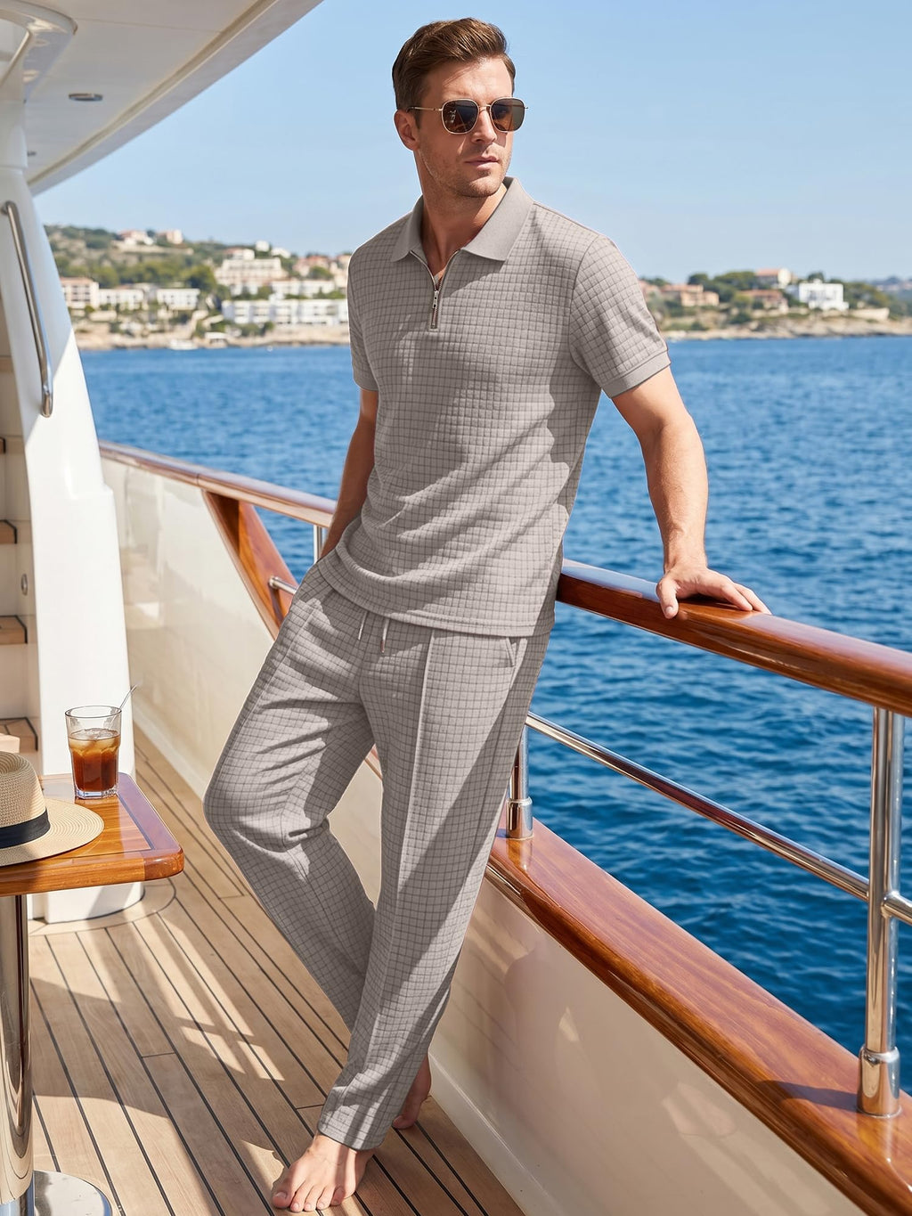 JMIERR Mens Summer Outfits Short Sets 2 Piece Outfits Waffle Textured Quater Zip Polo Shirts Casual Loose Beach Pant Vacation Old Money Cothes, S, Khaki