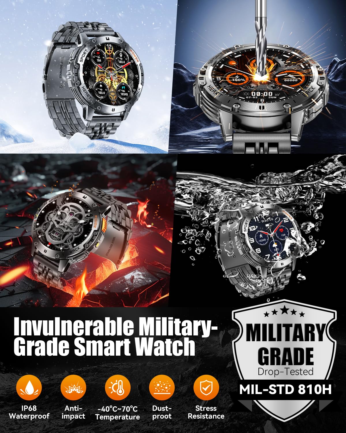 PODOEIL 1.43" AMOLED Smart Watch for Men with Flashlight, Bluetooth Calling, 110+ Sports Modes, IP68 Waterproof Fitness Tracker with 530mAh Battery, Heart Rate/SpO2/Sleep Monitor, Android & iOS