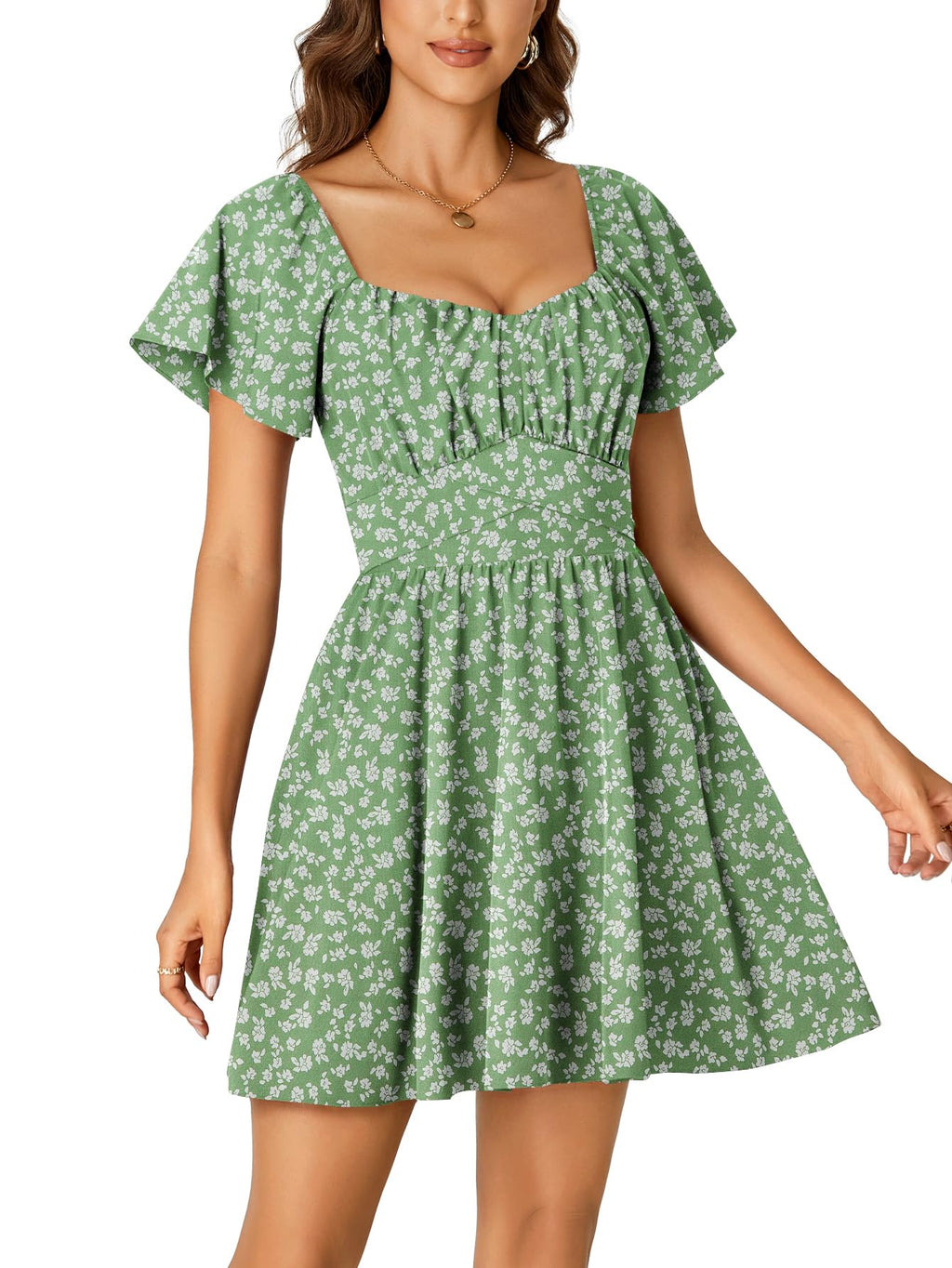 Rooscier Women's Tie Back Square Neck Ruffle Wrap Short Sleeve Flare Mini Dress Green Floral Medium