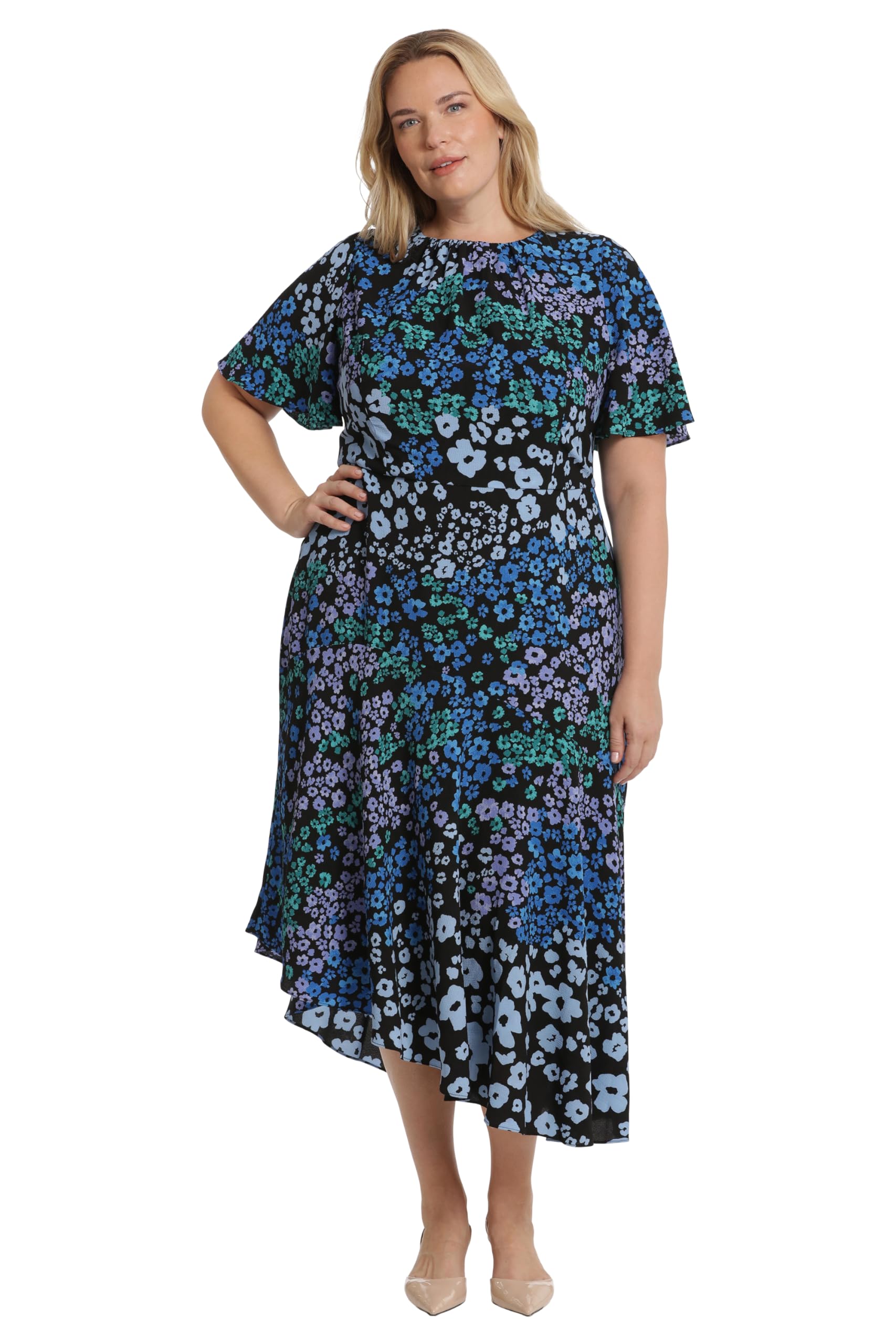 Maggy London Women's Dresses Short Flutter Sleeve Fit and Flare Dress with Asymmetric Hem Tier