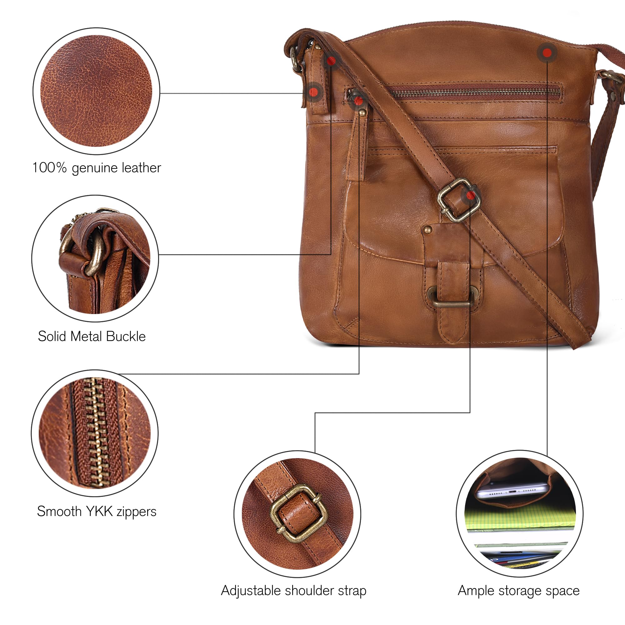Oak Leathers Leather Crossbody Bag For Women With Adjustable Sling Strap - Medium Size Crossover Shoulder Handbag Purse (Tan Wash)