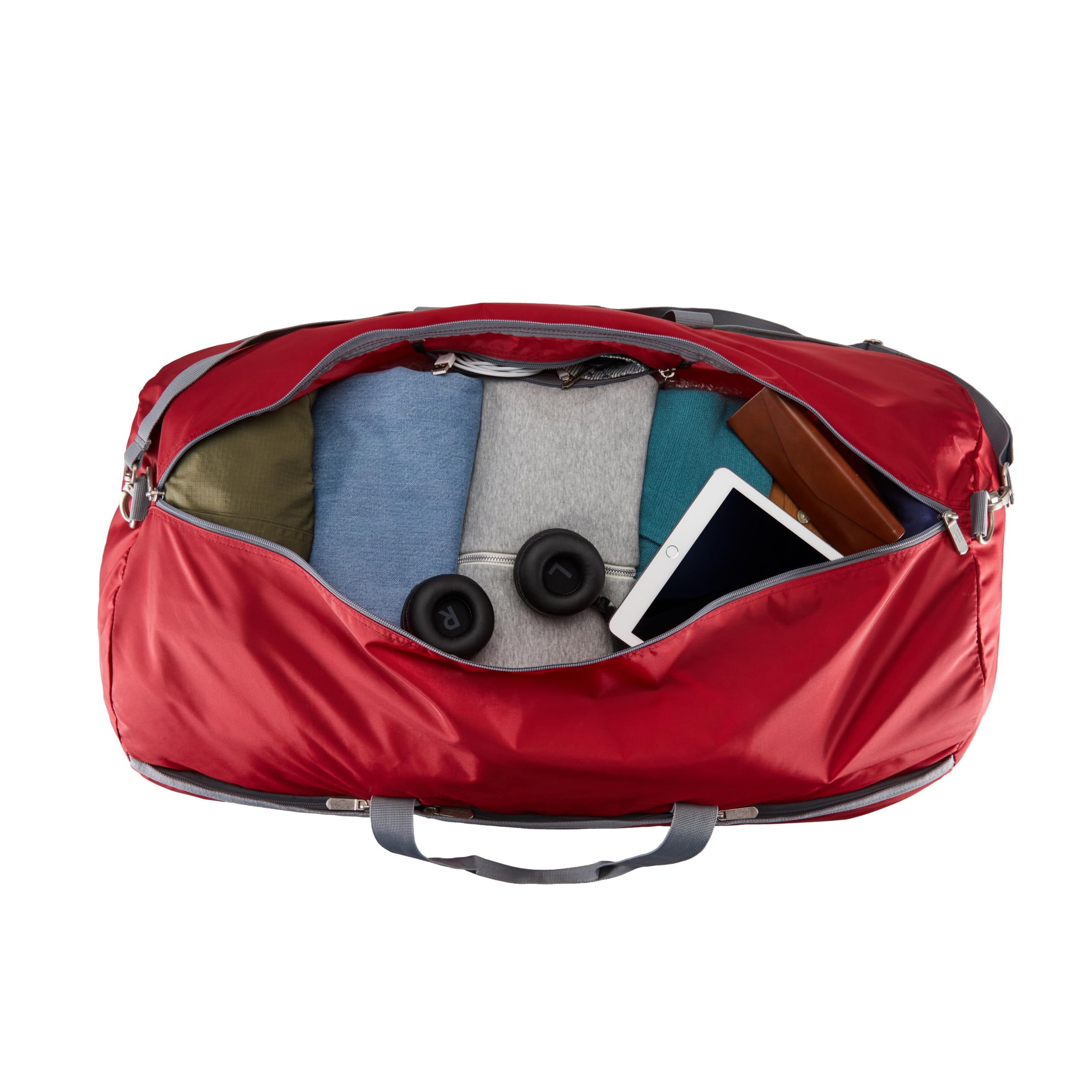 Amazon Essentials 25-inch Foldable Packable Nylon Duffel Bag for Travel and Sports with Multiple Zippered Pockets, 35 lb Weight Capacity, Collapsible for Easy Storage, Red