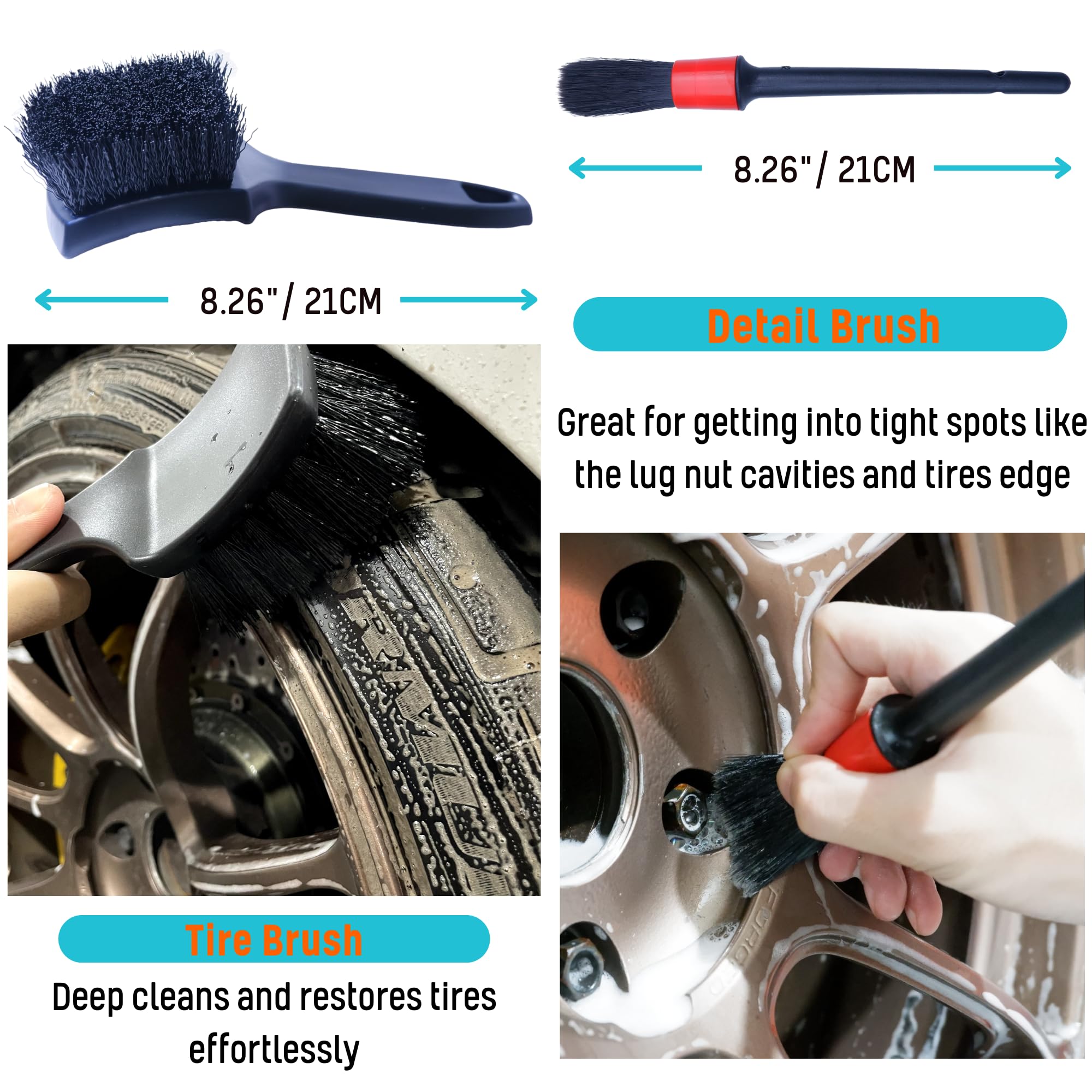 oesee 6PCS Car Wheel Cleaning Detailing Pro Kit, Tire Brush, 2 PCS Soft Woolies Rims Brush, Detailing Brush, and Tire Dressing Pads, Scratch-Free & Multipurpose Tire Brush