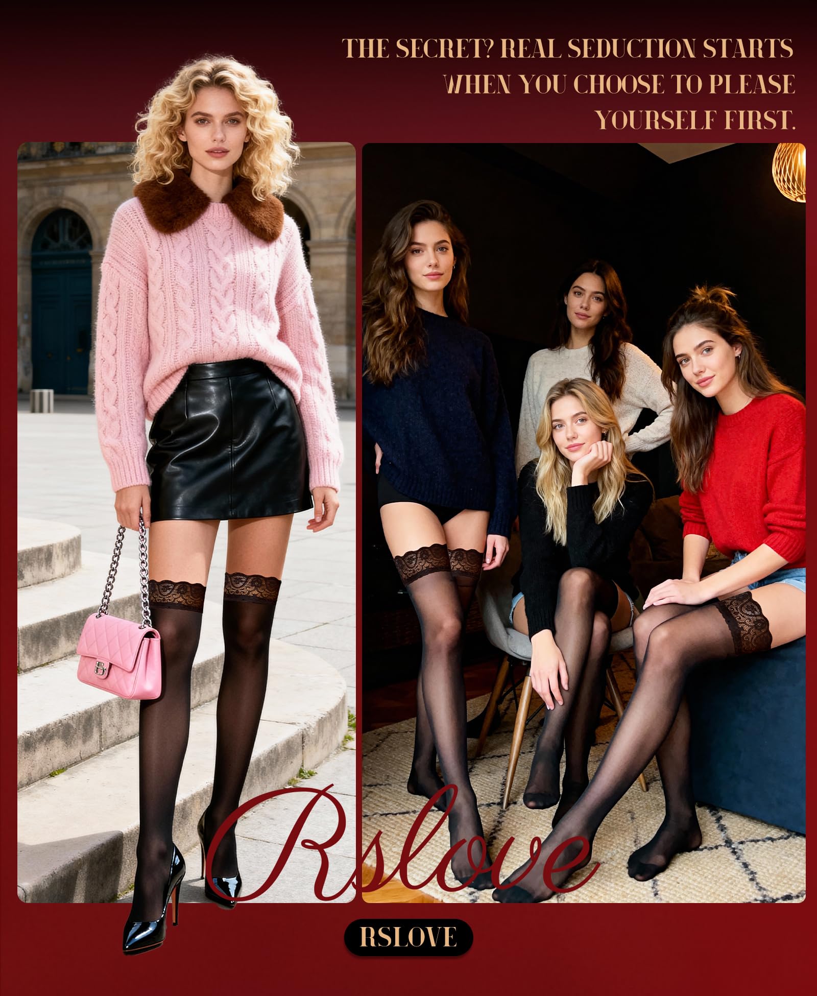 RSLOVE Sexy Thigh High Stockings – Stay Up Sheer Tights with Anti-Slip Silicone All Day Comfort for Women One Size Black