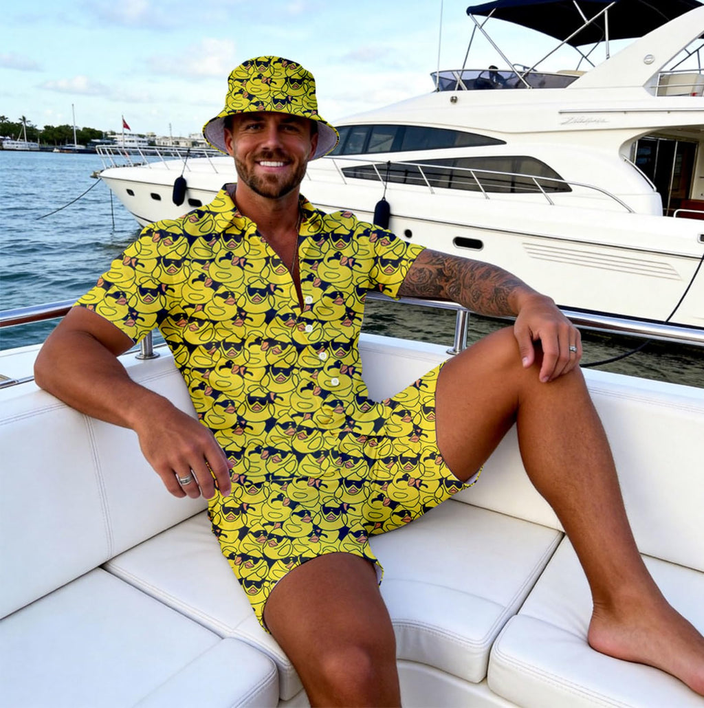 Wdpsuxin Mens Sunglasses Rubber Duck 2 Piece Short Set Hawaiian Button Down Shirt And Compression Liner 2 In 1 Shorts Sets With Bucket Hats Large