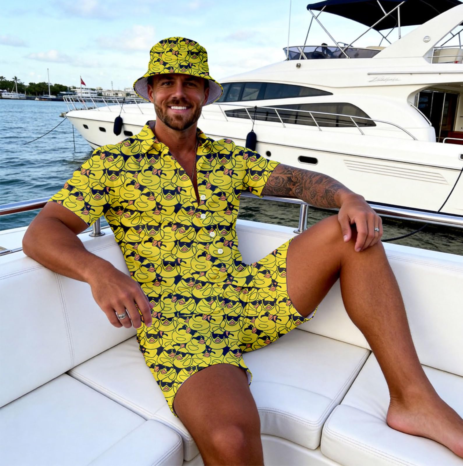 Wdpsuxin Mens Sunglasses Rubber Duck 2 Piece Short Set Hawaiian Button Down Shirt And Compression Liner 2 In 1 Shorts Sets With Bucket Hats Large