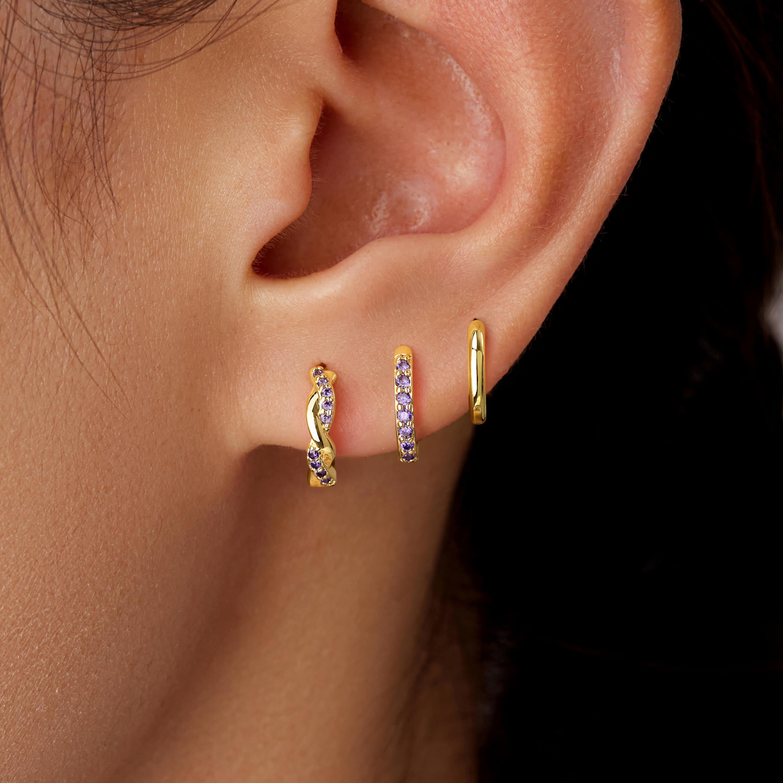 Inerney Gold Amethyst Huggie Hoop Earrings Set for Women, Dainty 14K Small Purple Earring Hypoallergenic Jewelry for Multiple Piercings, Trendy Twisted Cute Cartilage Hoops February Birthstone Gift
