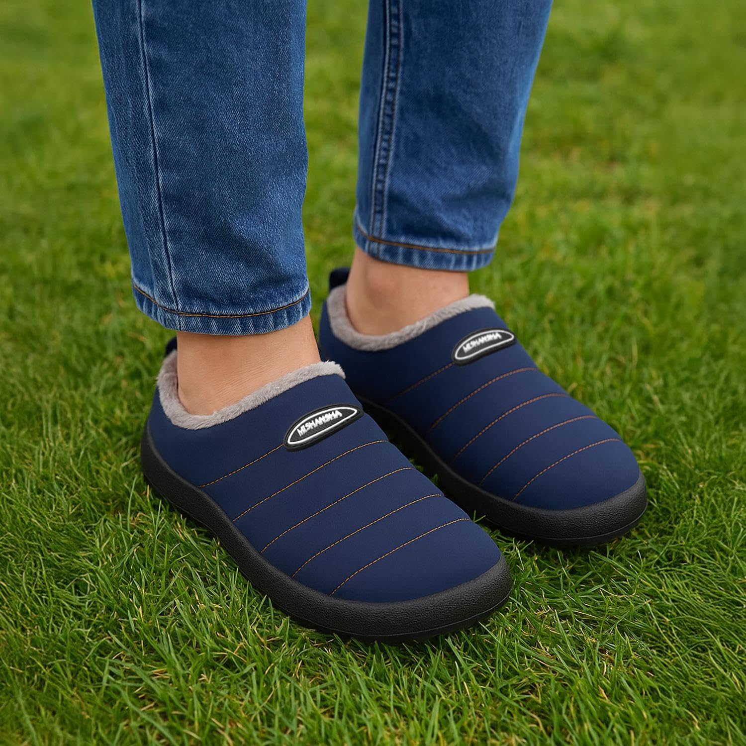 Mishansha Mens Womens House Slippers Warm Fur Lined Winter House Shoes Slip on Cozy Indoor Outdoor Slipper Dark Blue Size 8.5 Women/6.5 Men
