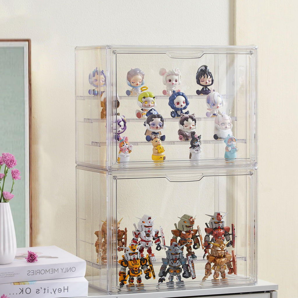 Clear Acrylic Display Case Upgrade 4 Tier Figure Display Case with 3 Movable Dividers, Stackable Display Box Showcase with Magnetic Door for Collectibles (Large-2pack)