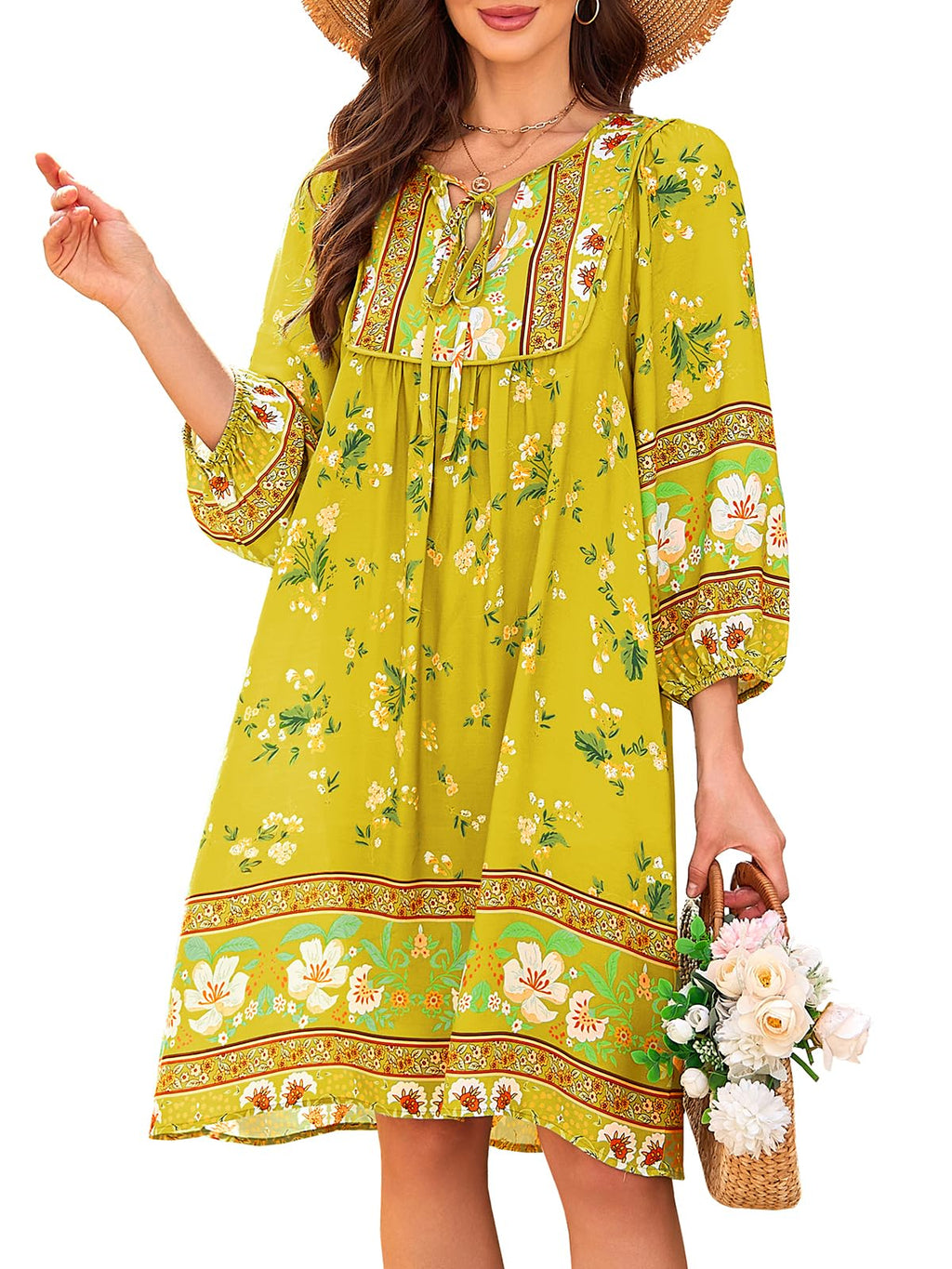 Qearal Summer Dresses for Women 2026 Vacation, 3/4 Sleeve Loose Tunic Dress Boho Beach Sun Dress Knee Length Light Yellow XL