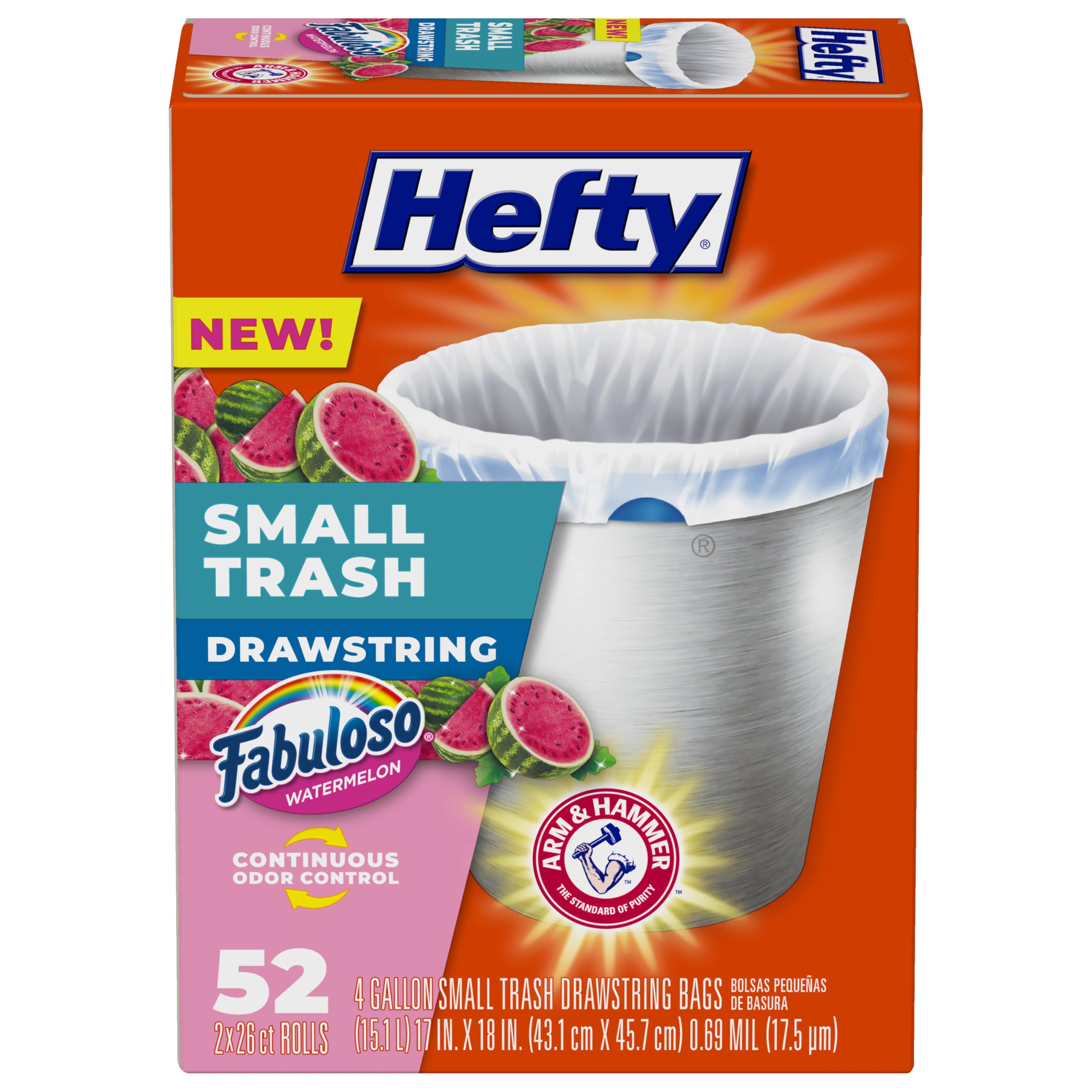 Hefty Small Trash Bags, Fabuloso Watermelon Scent, 4 Gallon, 52 Count