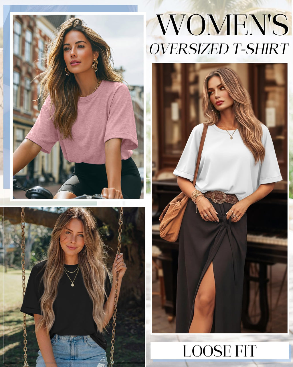 Riyiper 3 Pack Women's Oversized T-Shirt Half Sleeve Summer Tees Casual Loose Fit Crew Neck Basic Tops(Black, White, Pink,Medium)