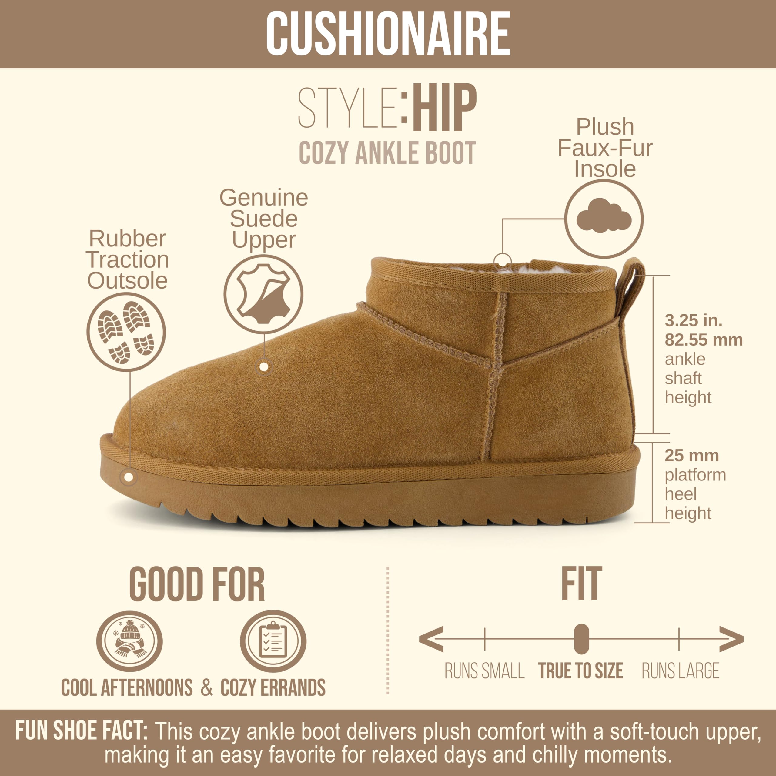 CUSHIONAIRE Hip 2 Genuine Suede Ankle Boots for Women, Cozy Faux Shearling Lining Pull On Winter Womens Boots, CHESTNUT 8.5