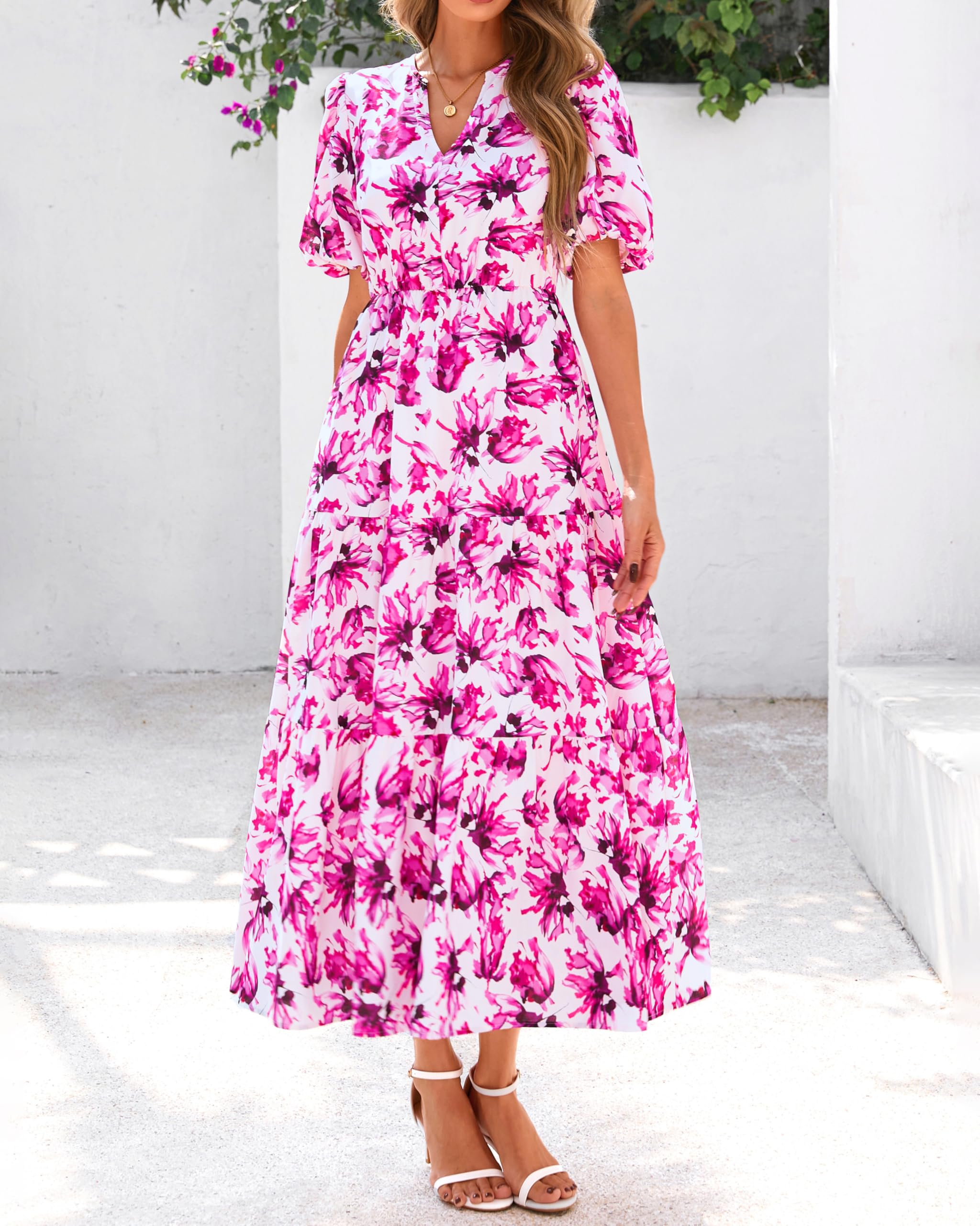 dowerme Womens Summer Dresses 2026 Casual Puff Short Sleeve V Neck Floral Boho Tiered Ruffle Maxi Dress with Pockets(White Purple Pink,Small)