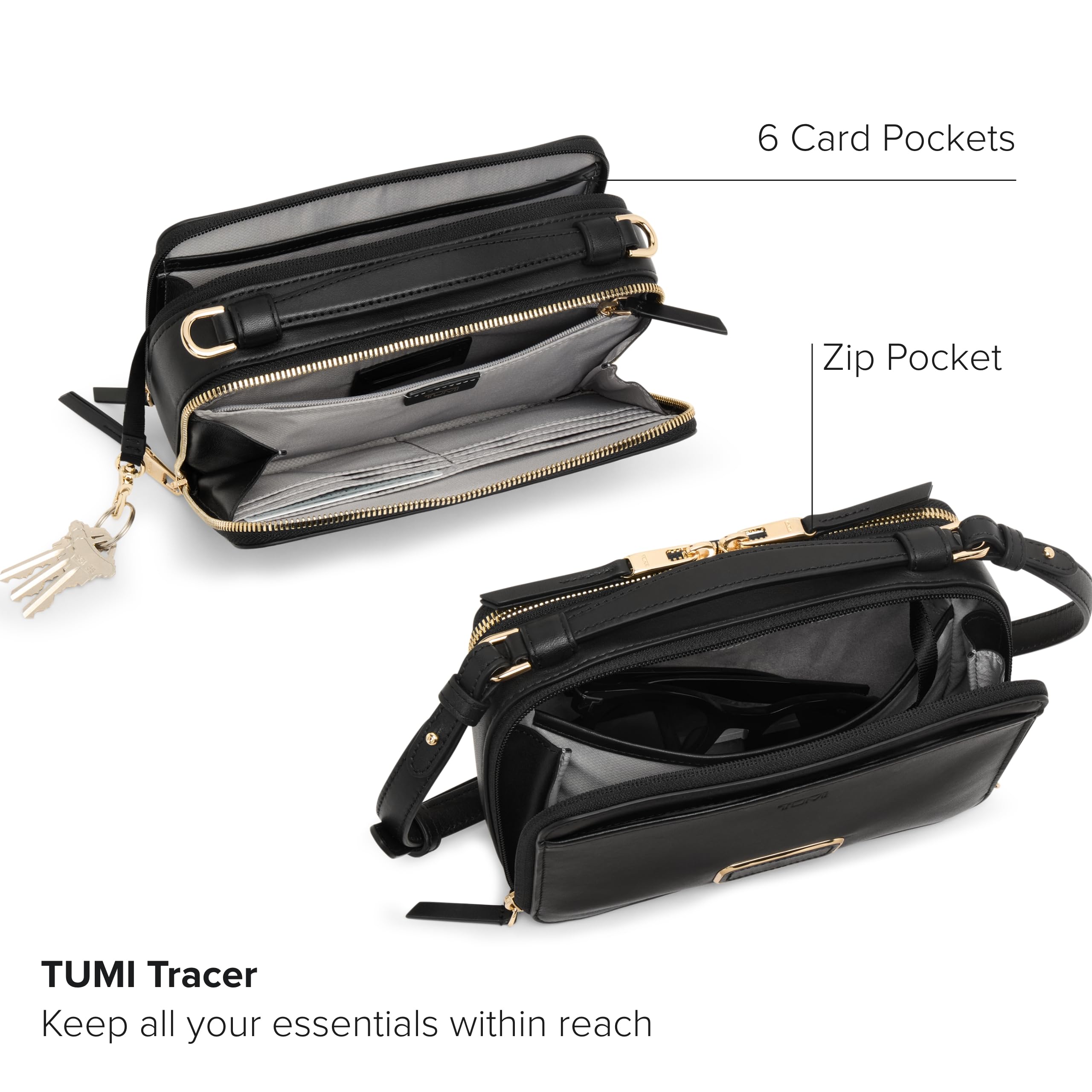 TUMI - Voyageur Myla Crossbody - Stylish Shoulder Bag with Key Leash, Card Pockets & More - Everyday Women's Purse - Black, Light Gold Hardware