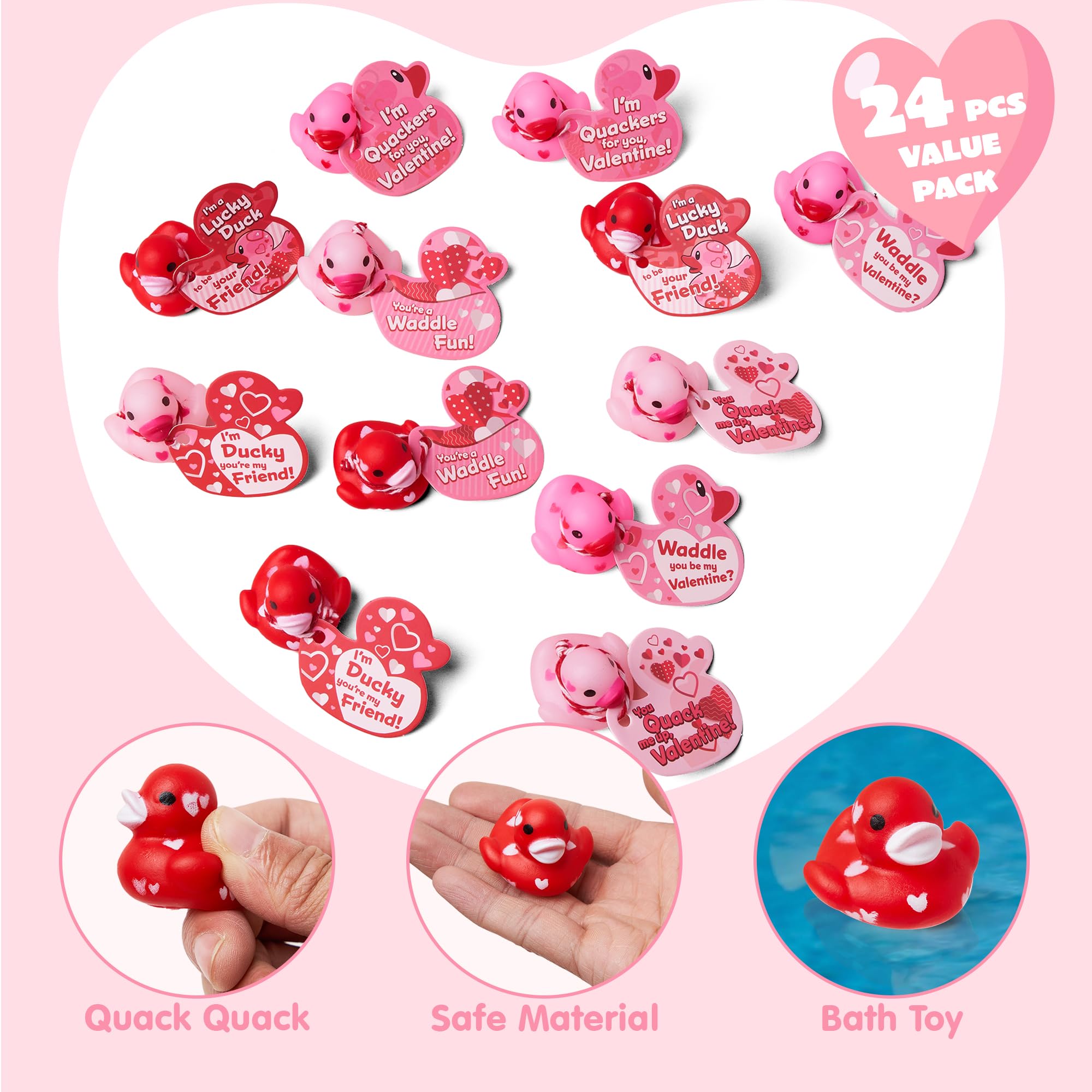 JOYIN 24 Pcs Valentine’s Day Mini Rubber Duck 1.2 Inches with Gift Cards, Small Rubber Duckies with Duck Card Tags, Rubber Duck Bath Toys for Classroom Exchange Prizes, Valentine Party Favors Toys