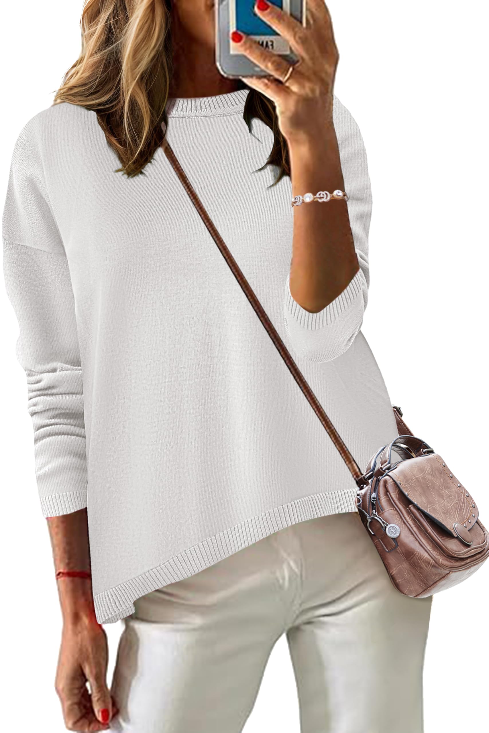 Zeagoo Womens Sweaters Crew Neck Long Sleeve Tops Casual Solid Color Knit Loose Pullover Fall Outfits White S