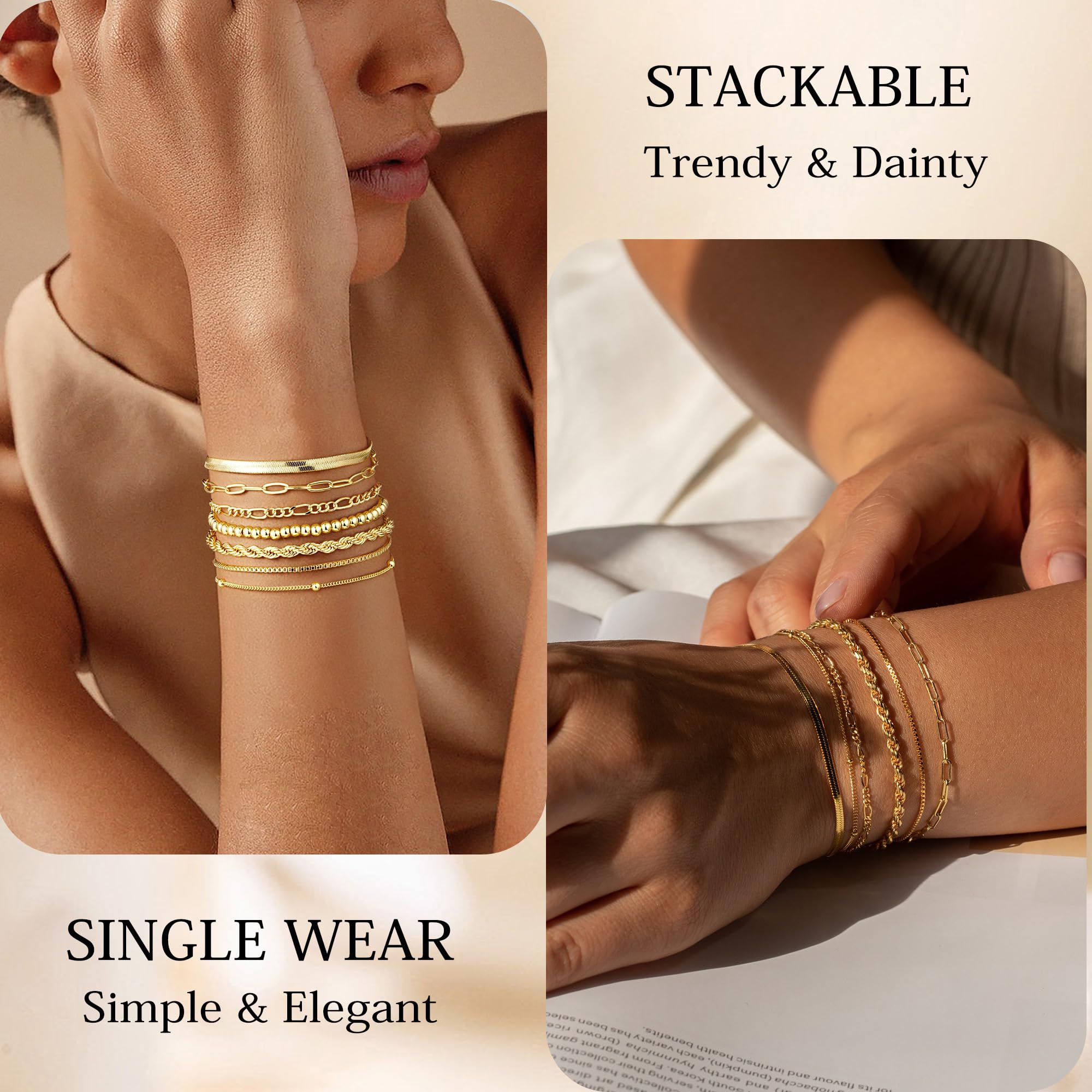 M MOOHAM Gold Bracelets for Women - Dainty 14K Gold Plated Layered Beaded Bracelet Stack Paperclip Snake Rope Figaro Box Satellite Chain Bracelets for Women Non Tarnish Jewelry Mothers Day Gifts