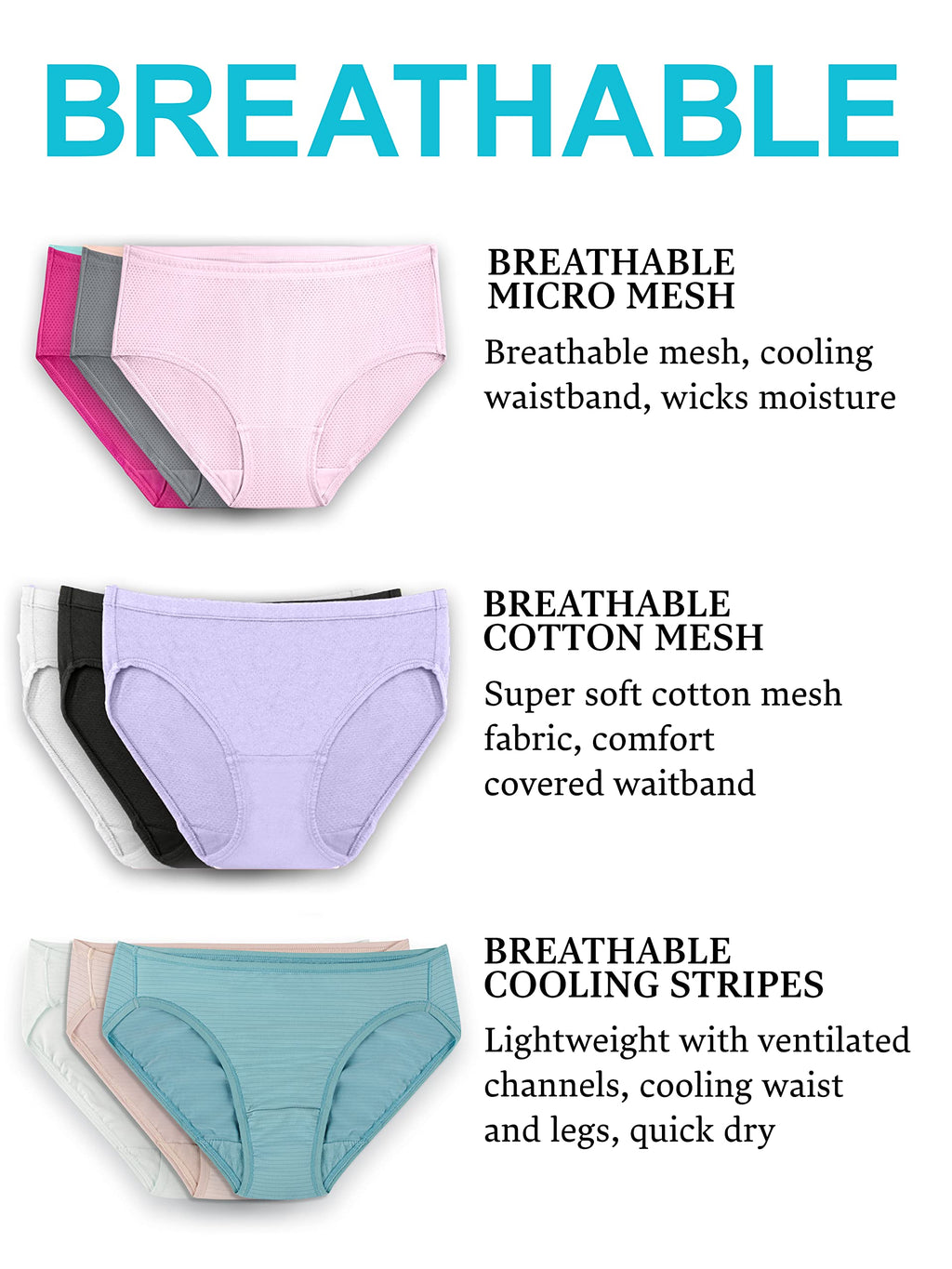 Fruit of the Loom womens Breathable Underwear, Regular, Brief - Cotton Mesh - 6 Pack Assorted Colors, 8 US