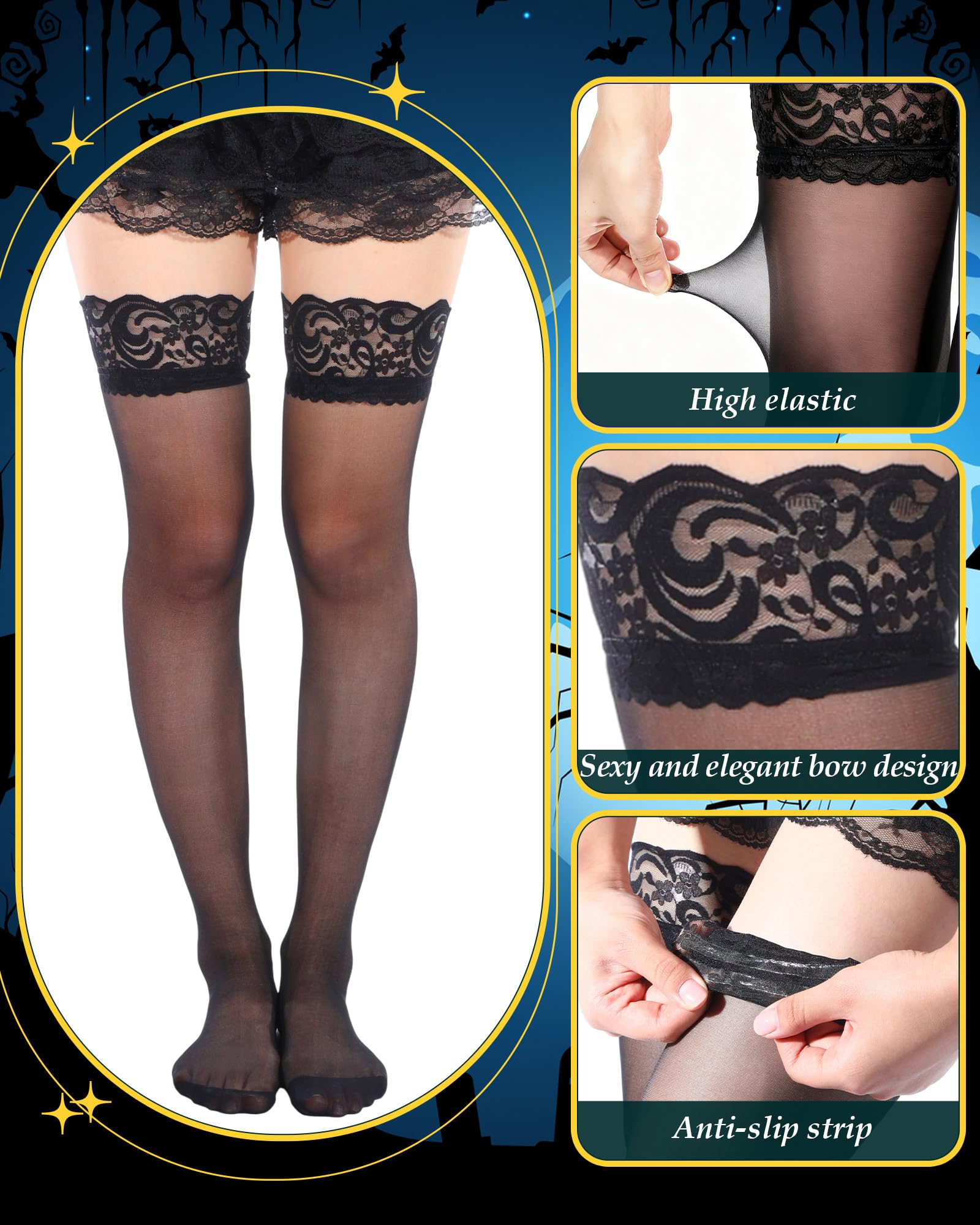 Syhood 2 Pairs 2 Pairs Valentine's Day Women's Lace Top Thigh High Sheer Stockings Thigh Highs for women (15d,Black)
